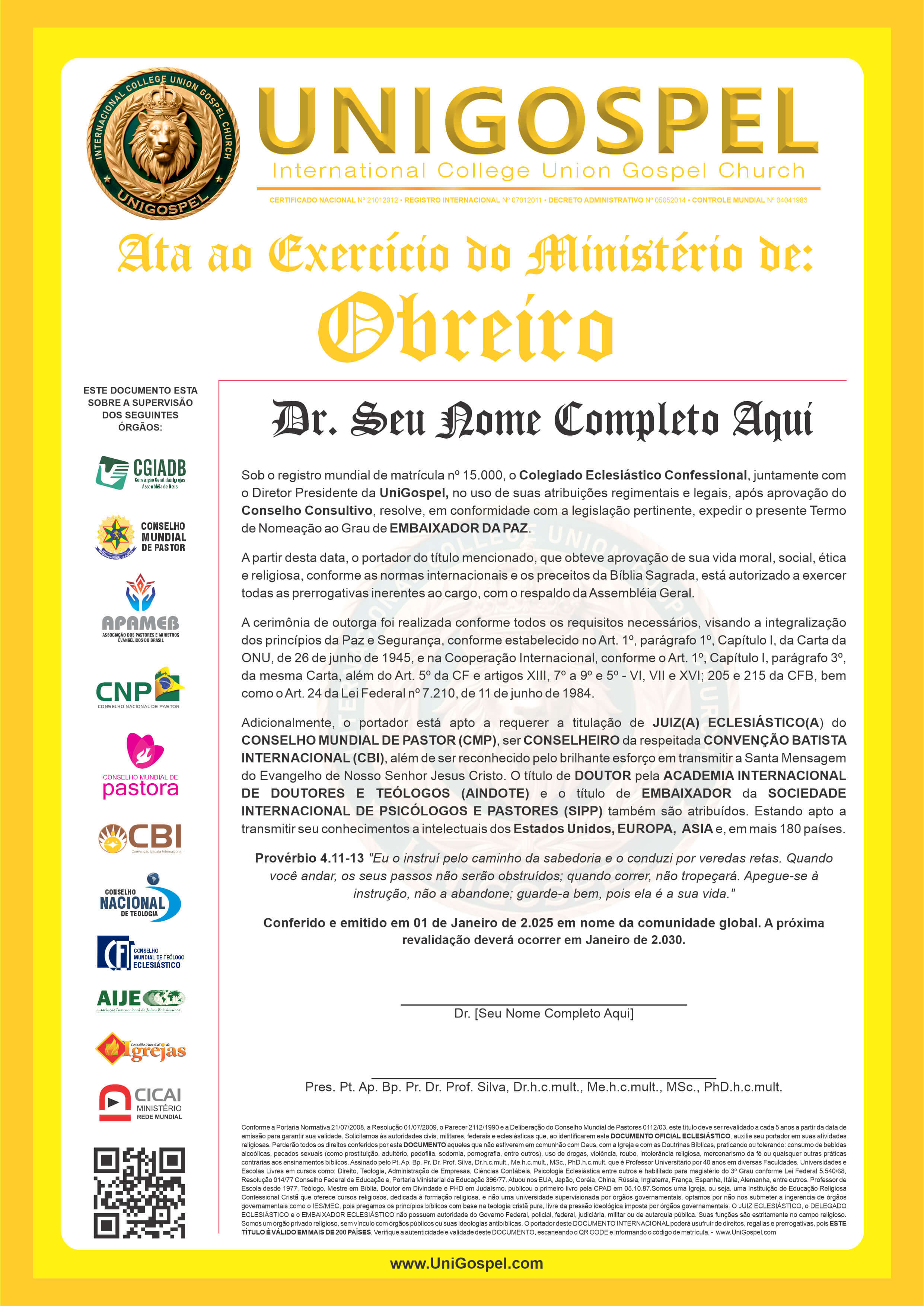 Ata de Exercício do Ministério de Obreiro