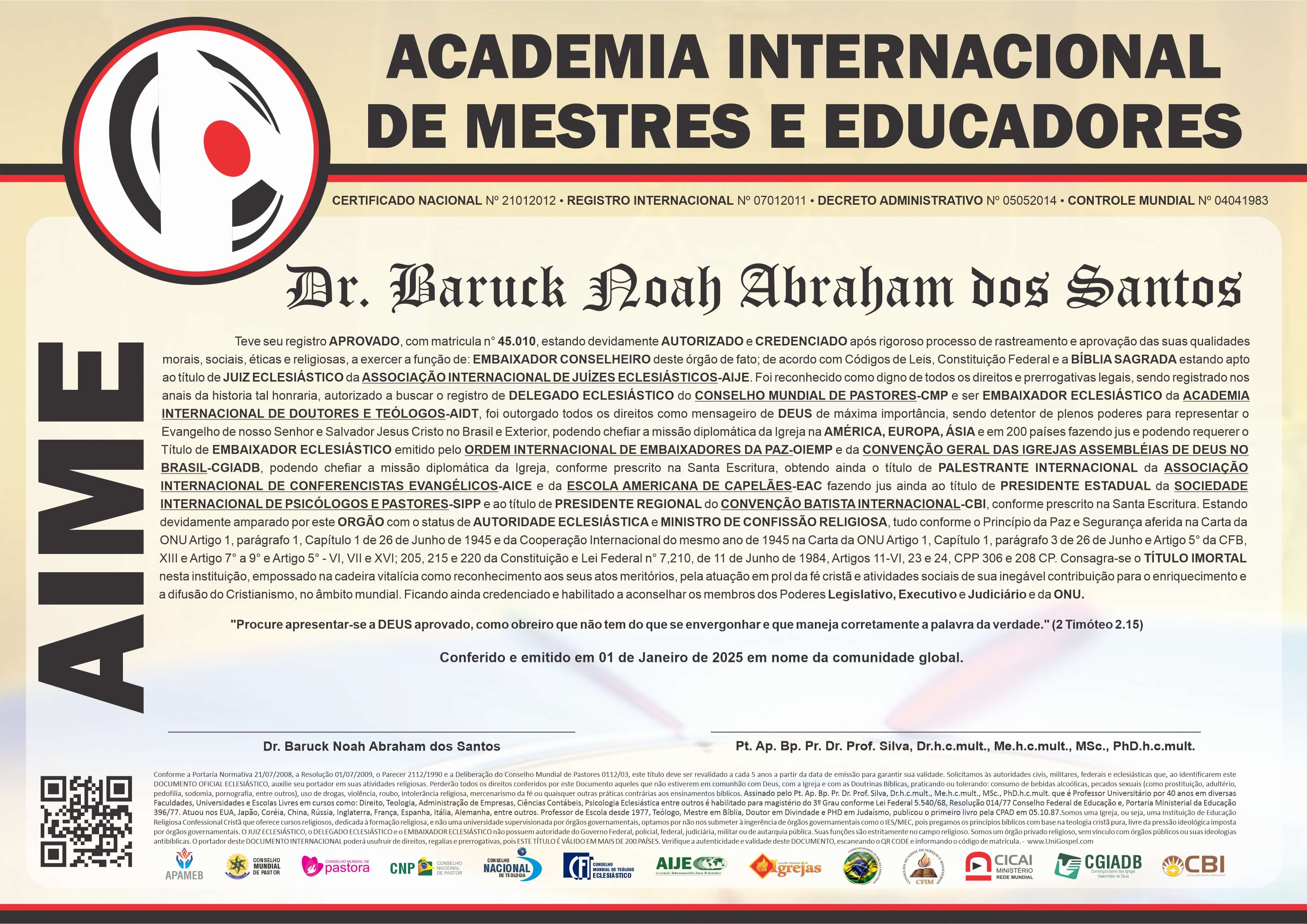 Diploma de Membro Academia Internacional de Mestres e Educadores