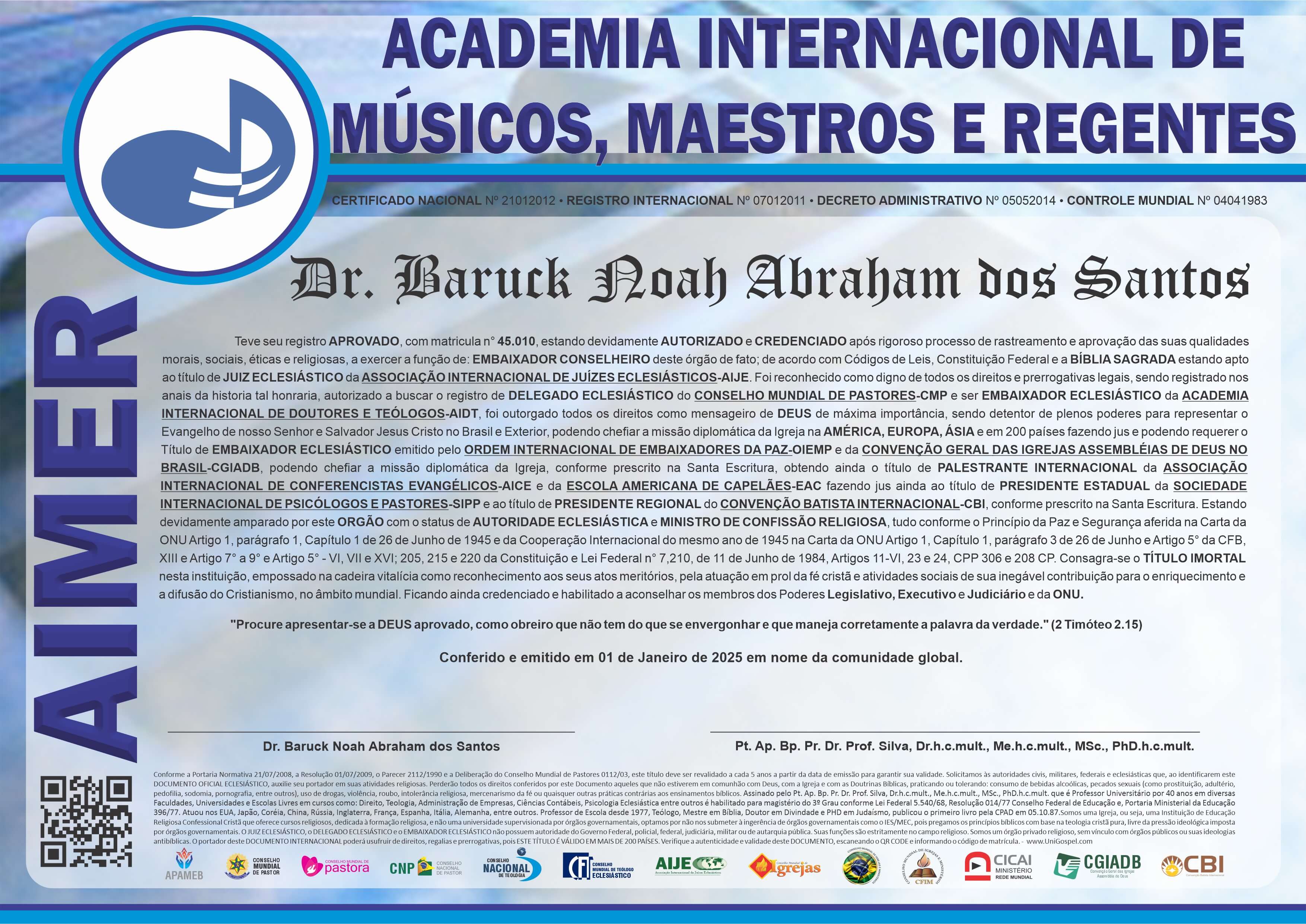 Diploma de Membro Academia Internacional de Músicos, Maestros e Regentes