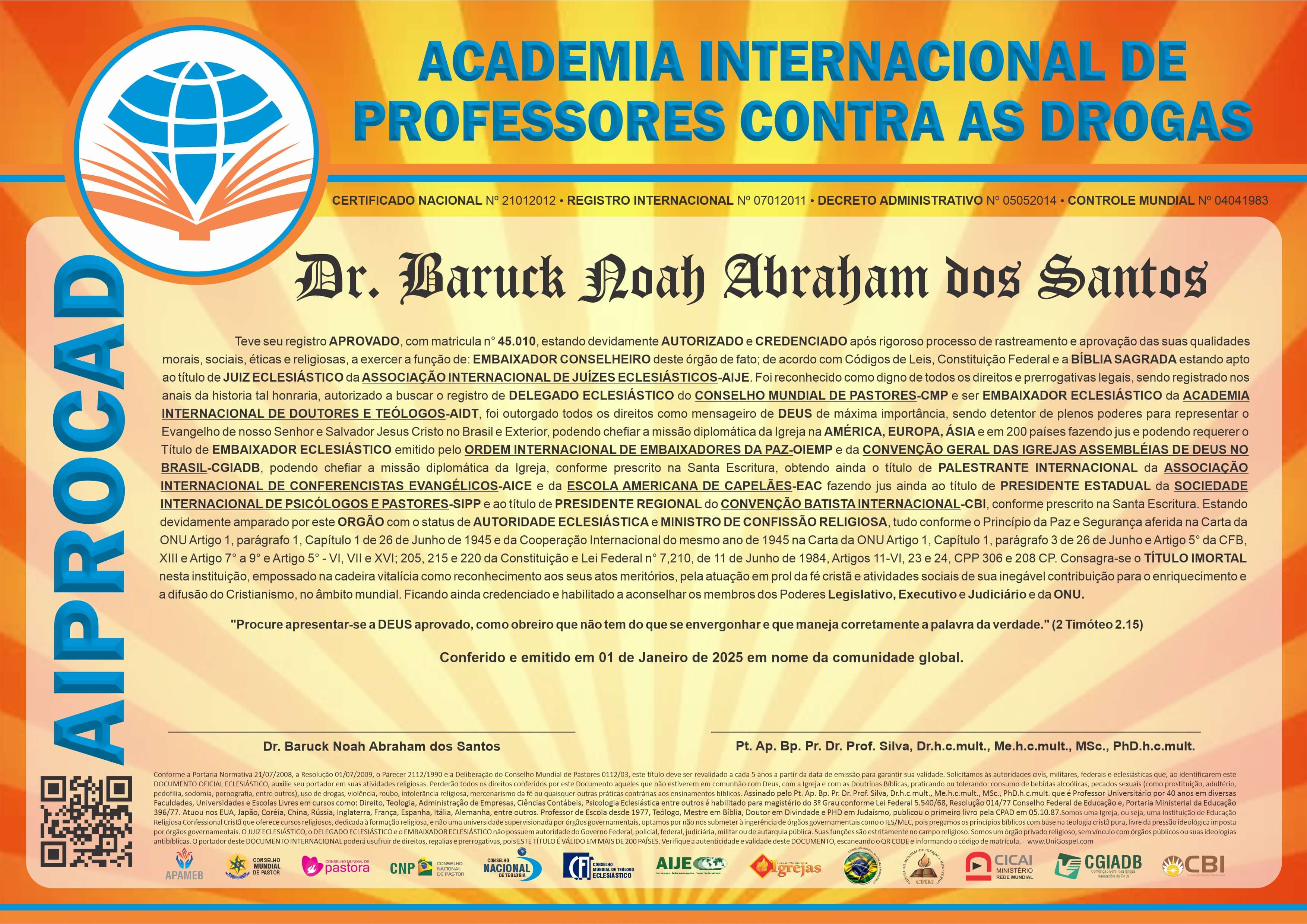 Diploma de Membro Academia Internacional de Professores contra as Drogas