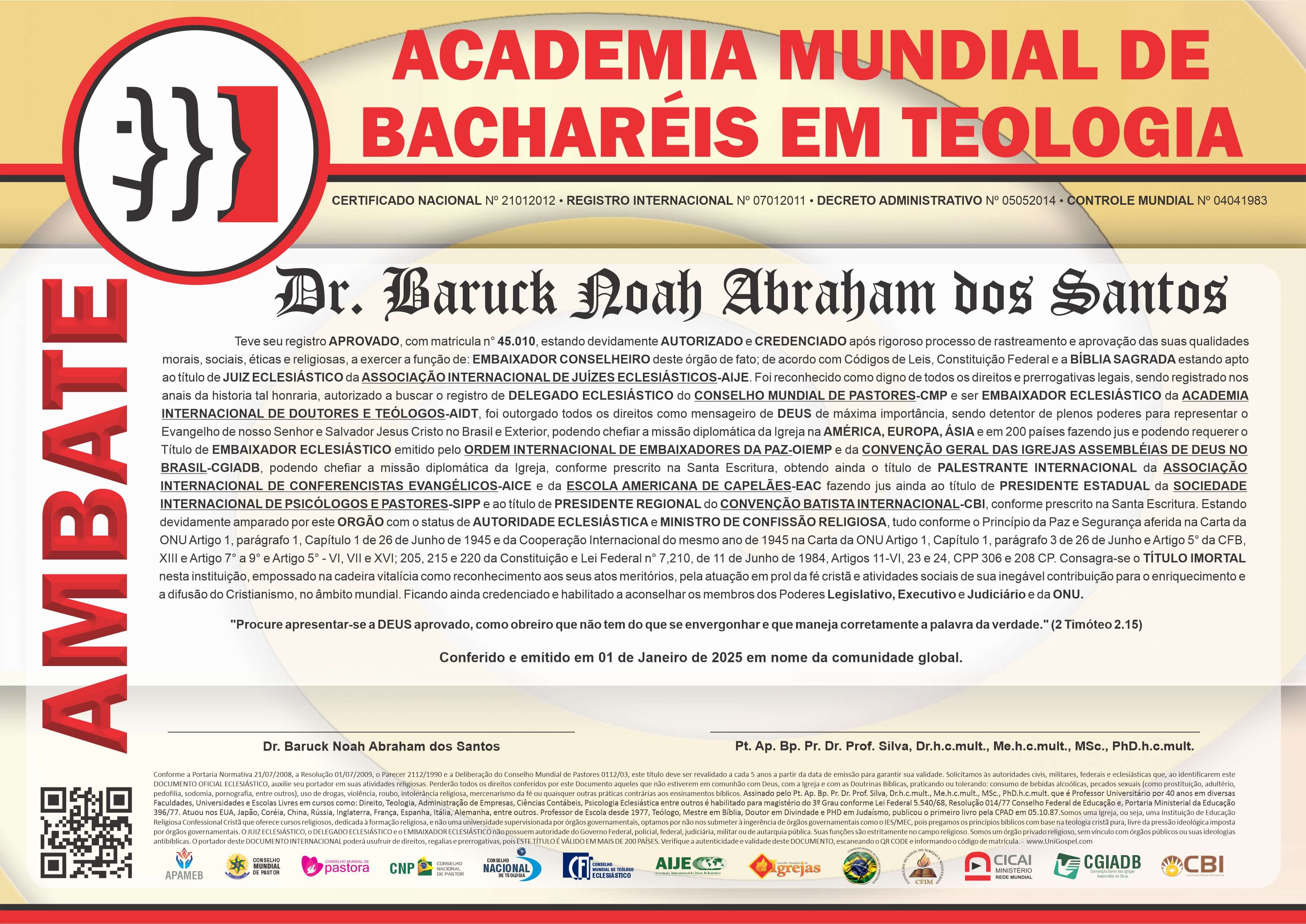 Diploma de Membro Academia Mundial de Bacharéis em Teologia