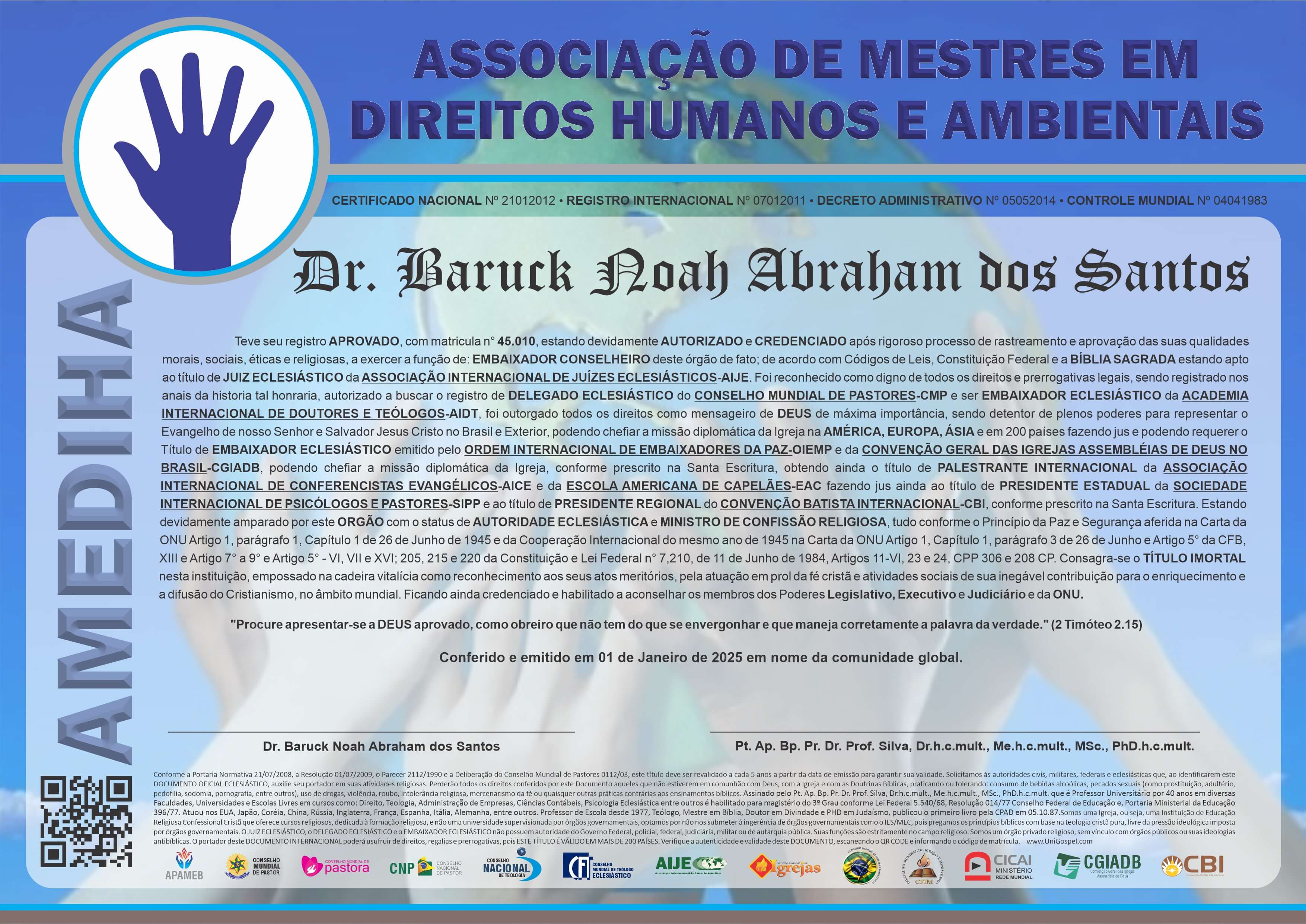 Diploma de Membro Associação de Mestre em Direitos Humanos e Ambientais