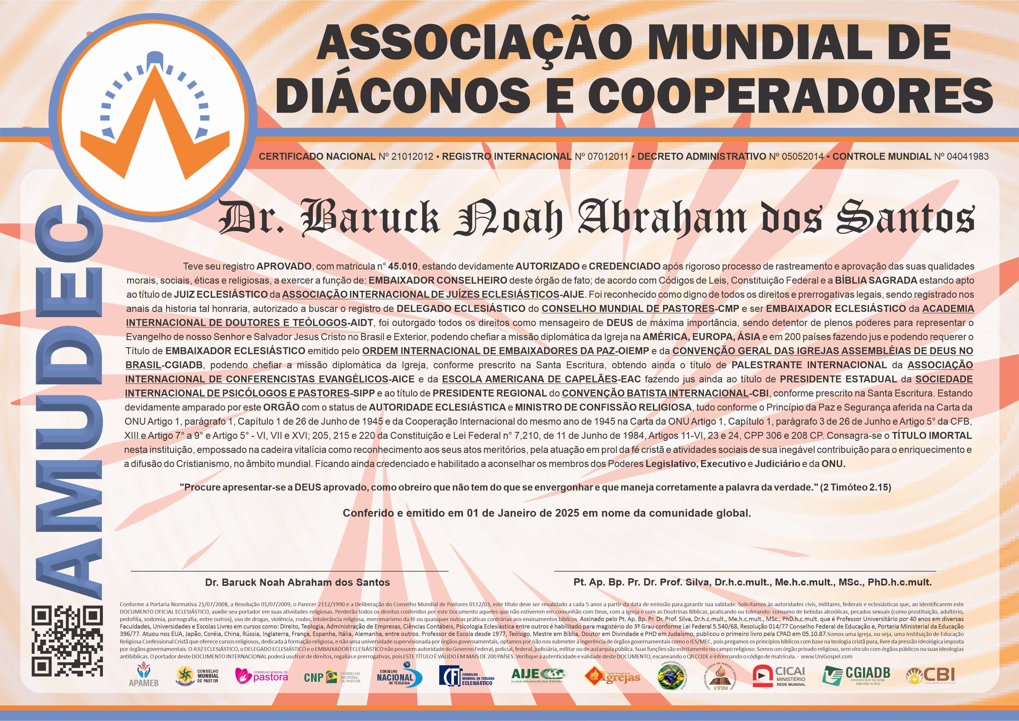 Diploma de Membro Associação Mundial de Diáconos e Cooperadores