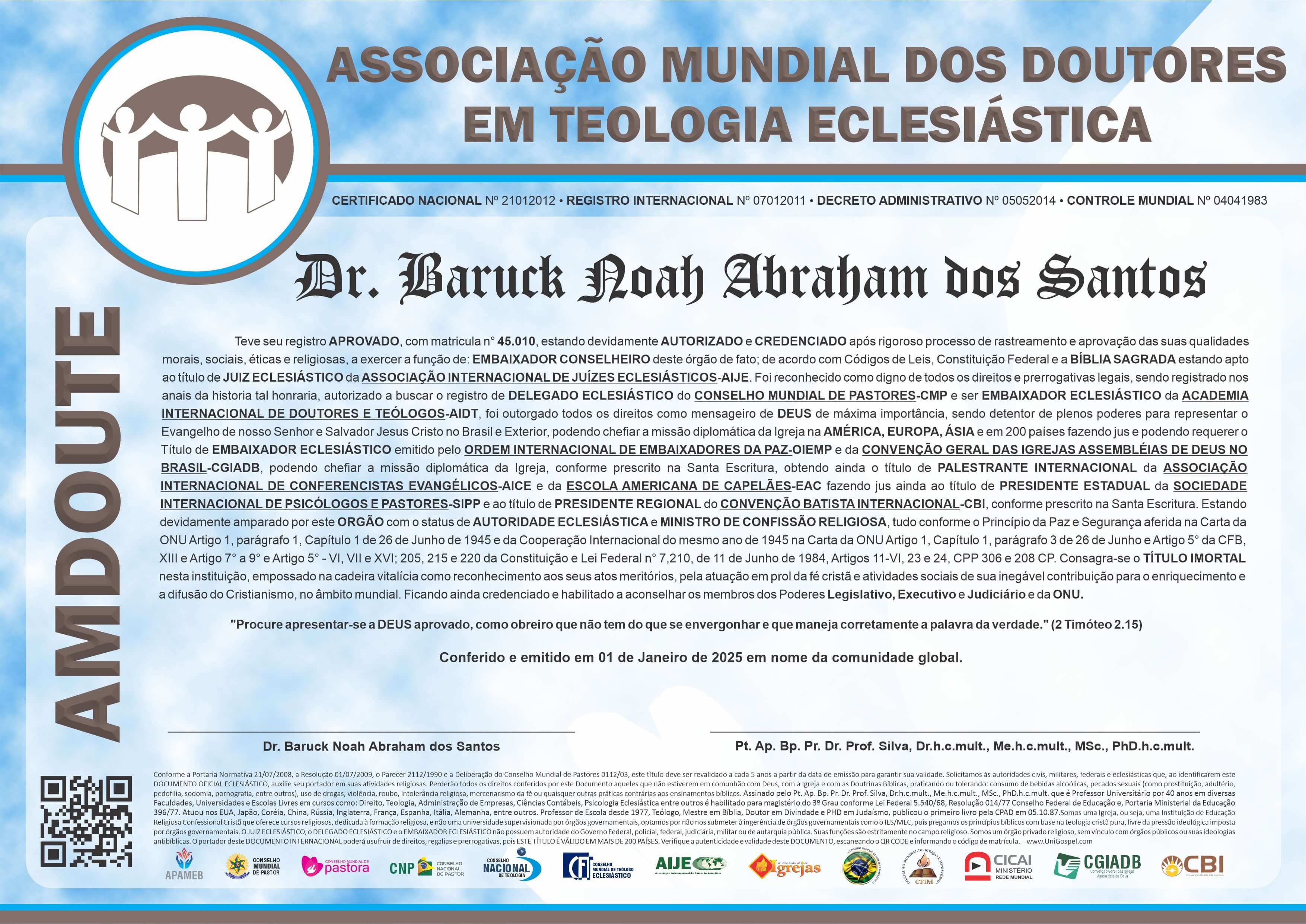 Diploma de Membro Associação Mundial dos Doutores em Teologia Eclesiástica