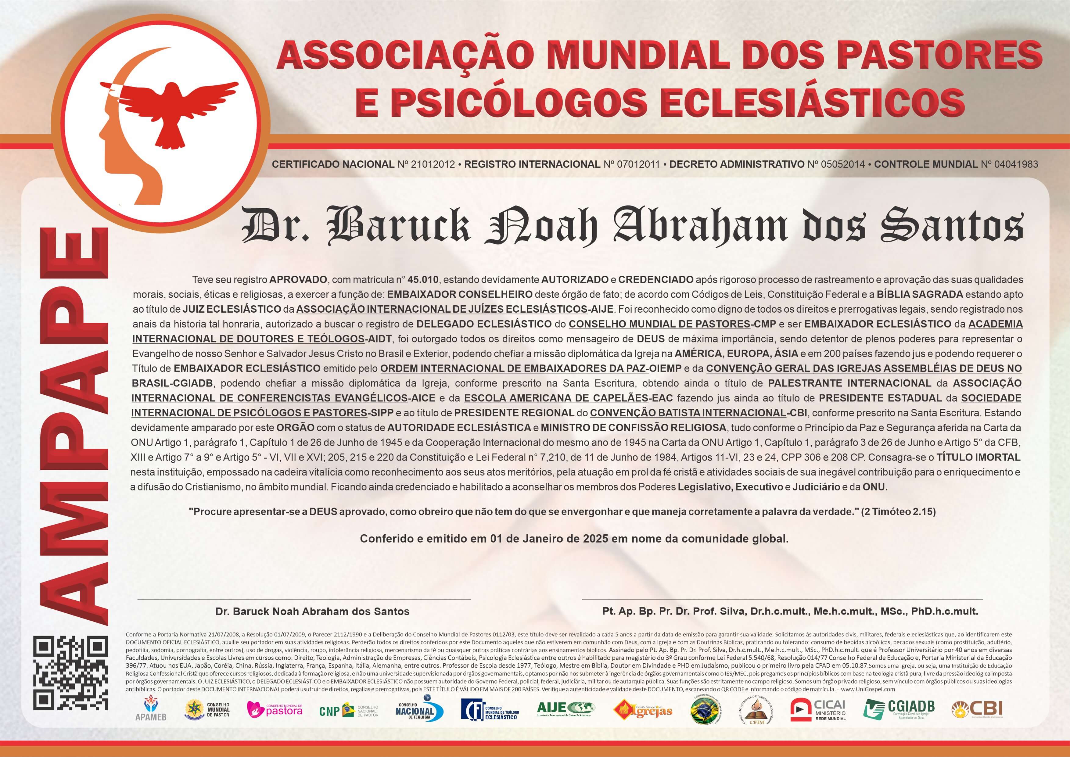 Diploma de Membro Associação Mundial dos Pastores e Psicólogos Eclesiásticos
