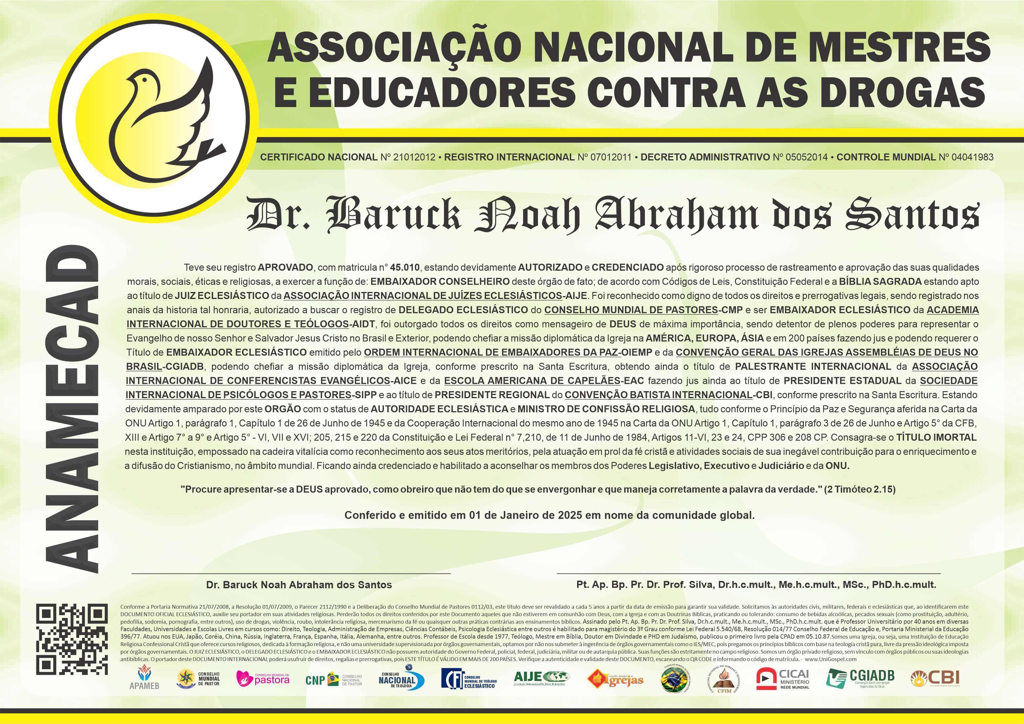 Diploma de Membro Associação Nacional de Mestres e Educadores contra as Drogas