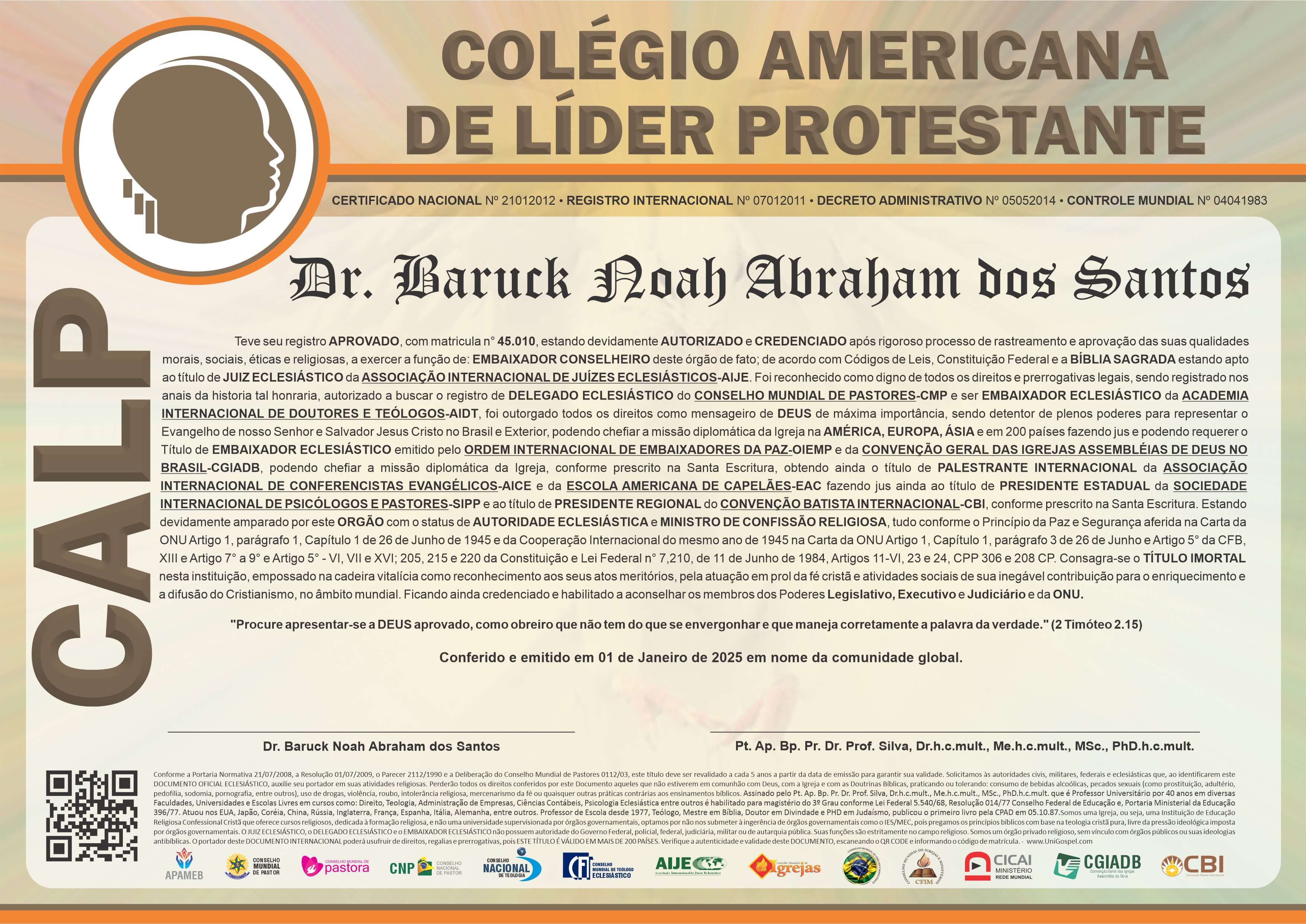 Diploma de Membro Colégio Americano de Líder Protestante