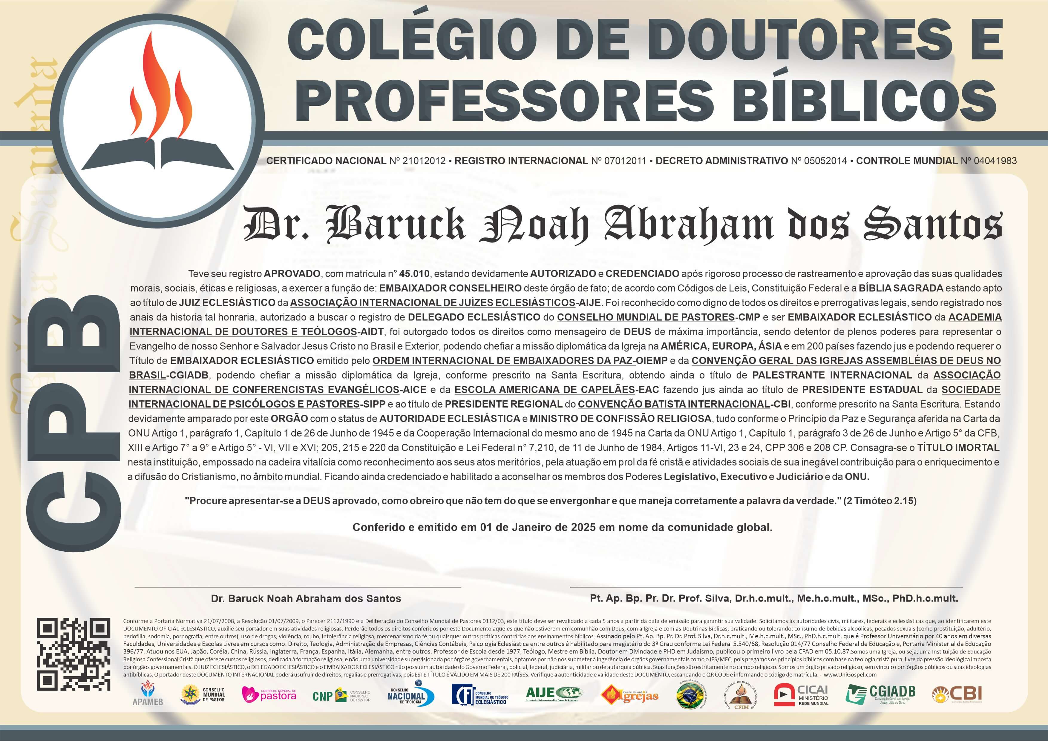 Diploma de Membro Colégio de Doutores e Professores Bíblicos