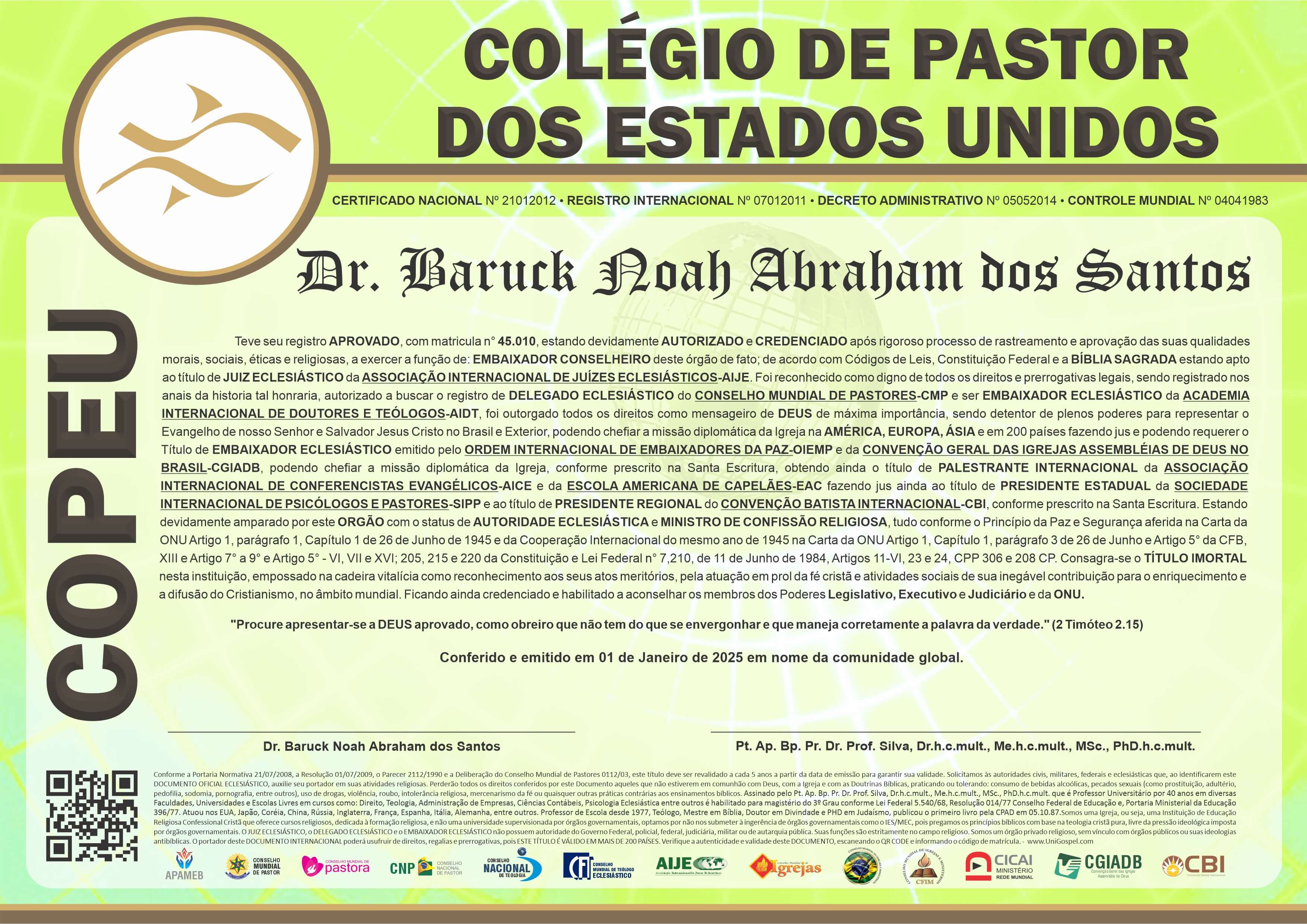 Diploma de Membro Colégio de Pastor dos Estados Unidos