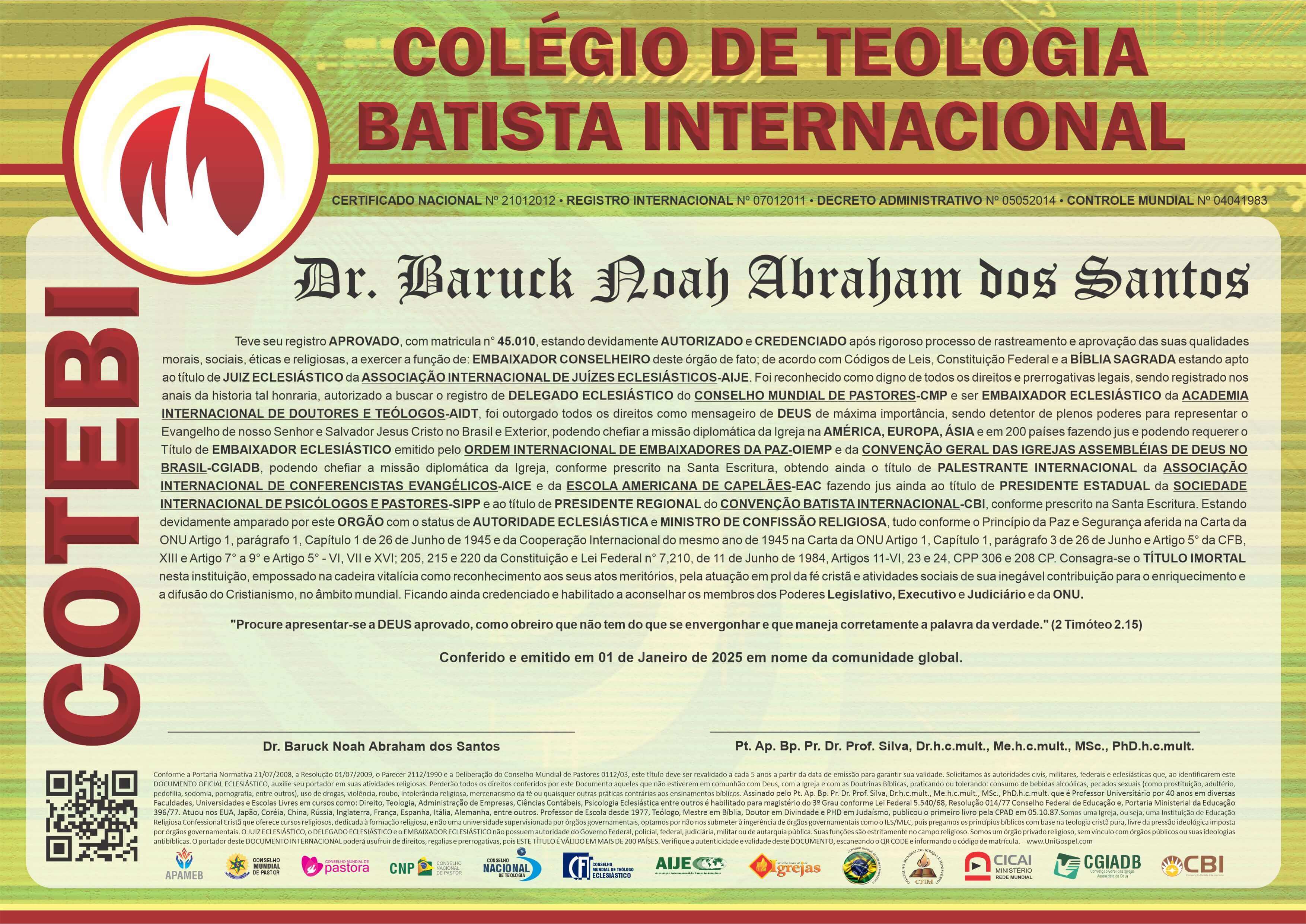 Diploma de Membro Colégio de Teologia Batista Internacional