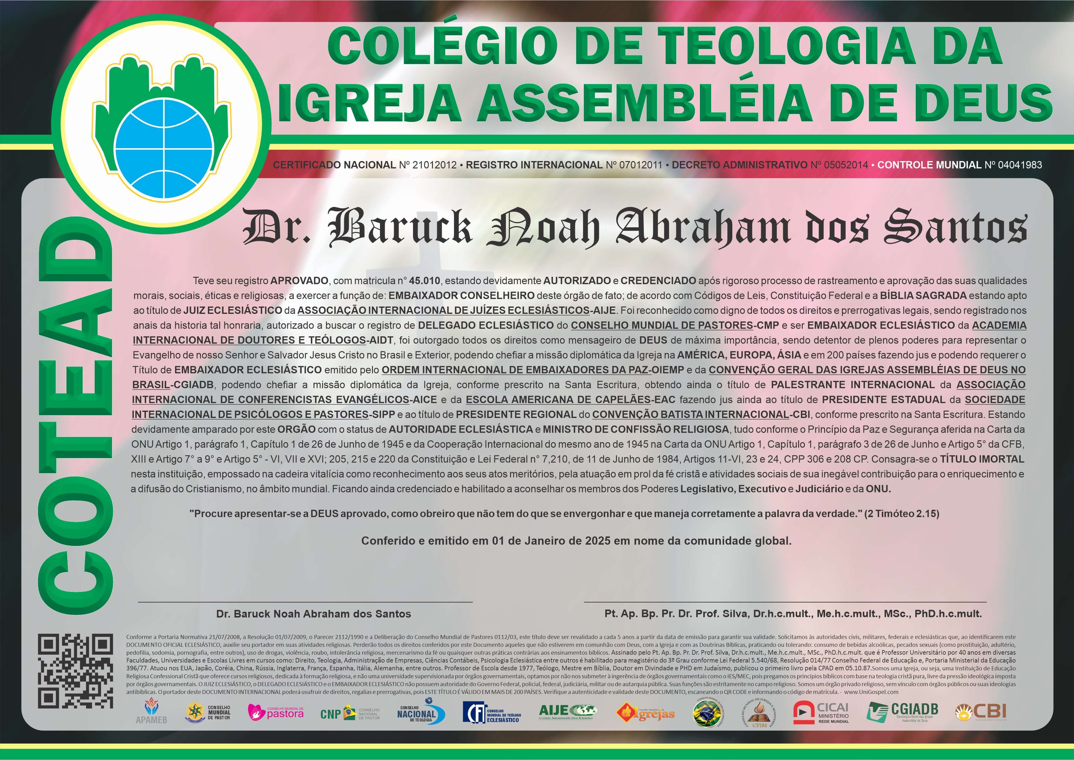 Diploma de Membro Colégio de Teologia da Igreja Assembleia de Deus