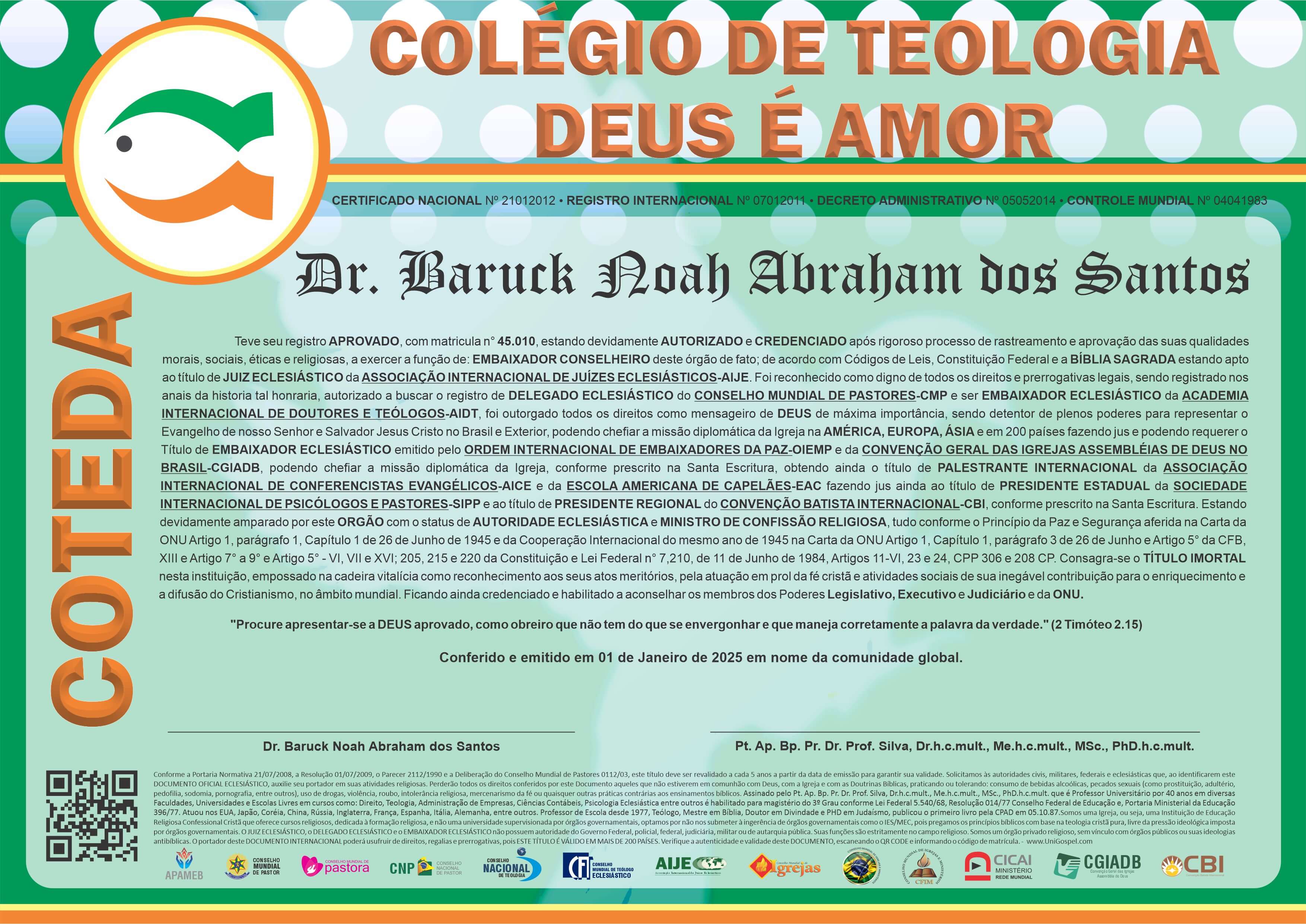 Diploma de Membro Colégio de Teologia Deus É Amor