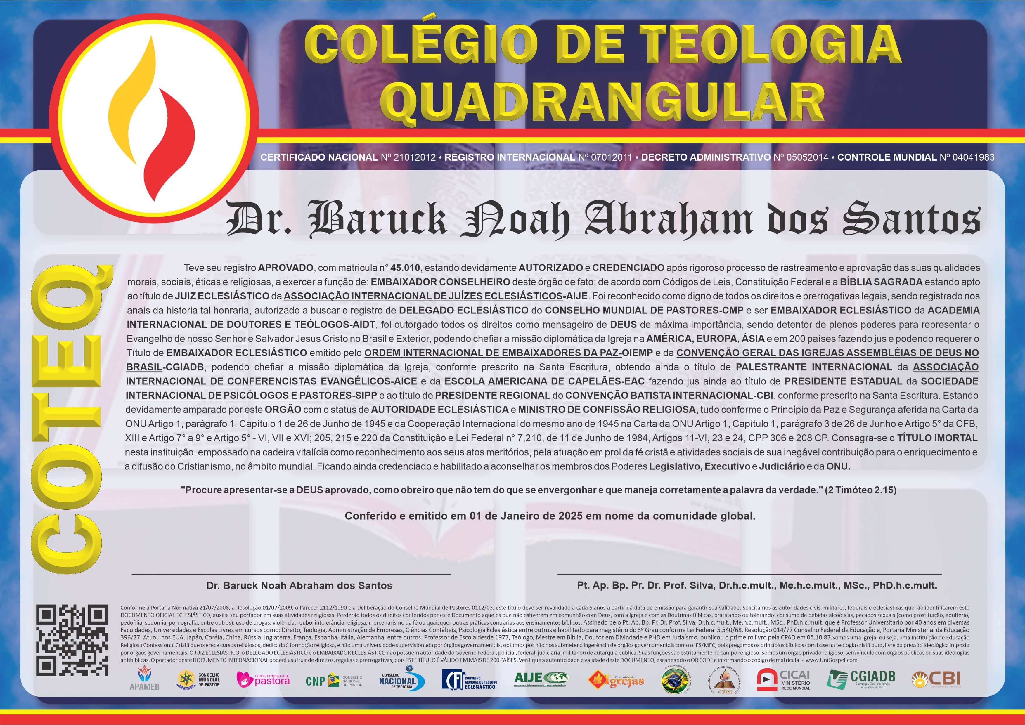 Diploma de Membro Colégio de Teologia Quadrangular