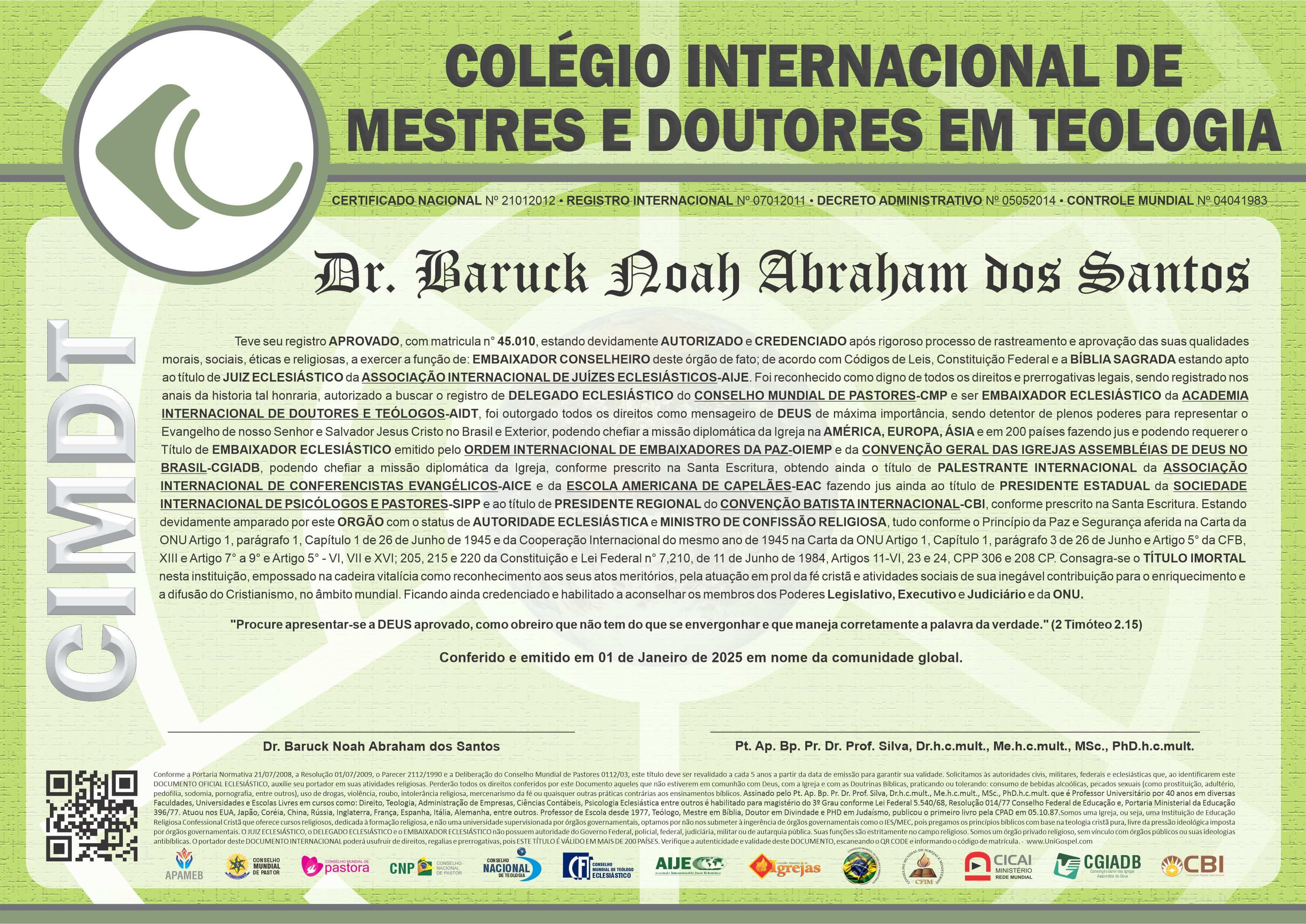Diploma de Membro Colégio Internacional de Mestre e Doutores em Teologia