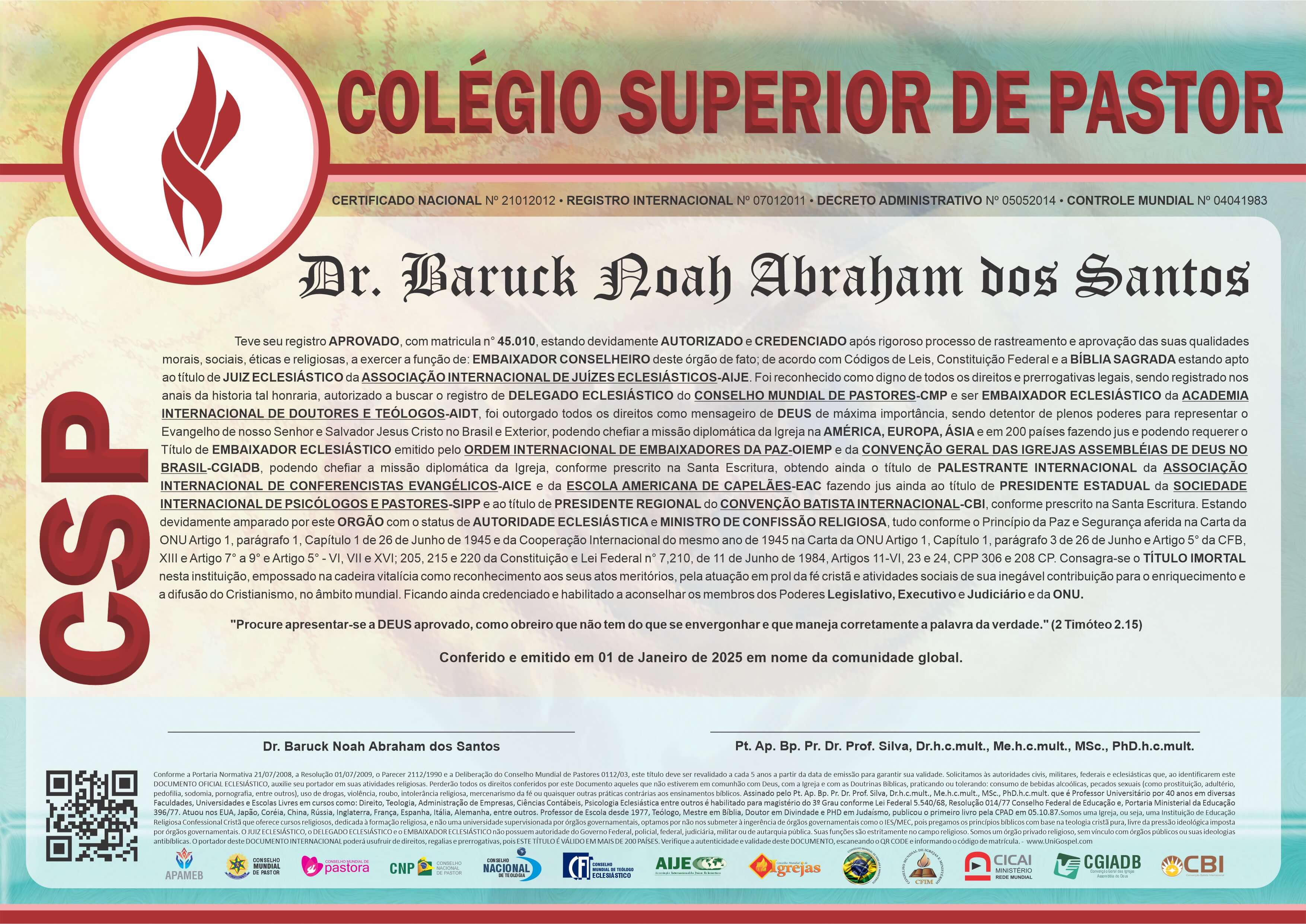 Diploma de Membro Colégio Superior de Pastor