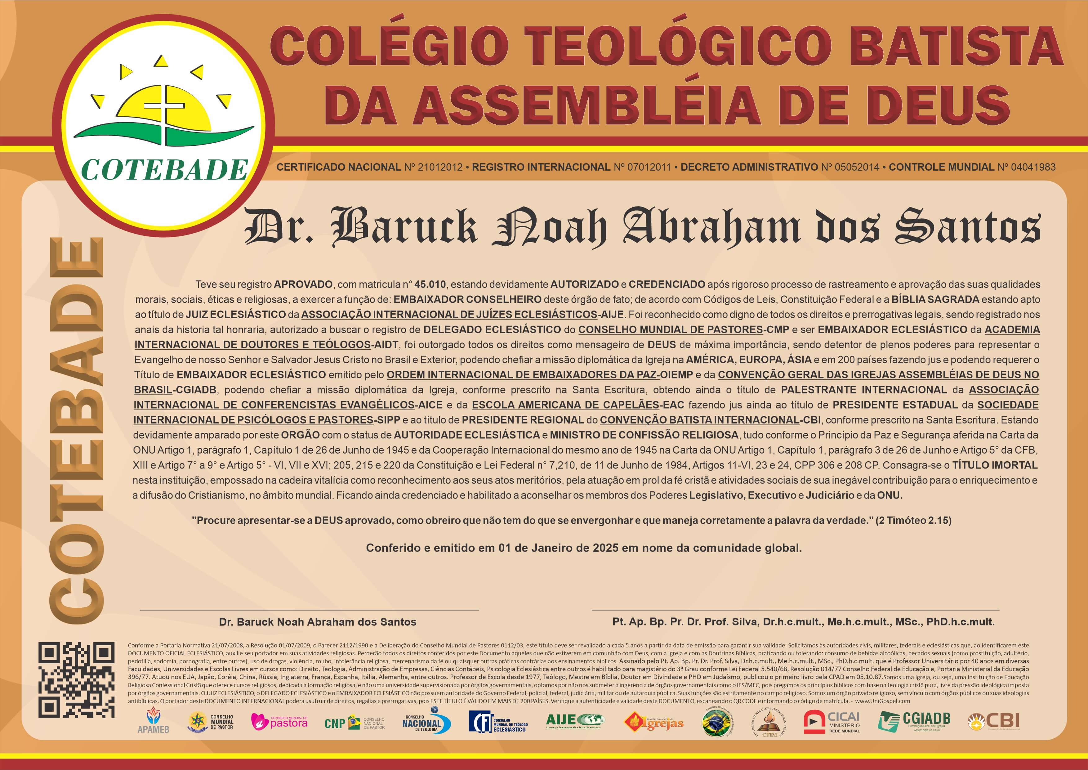 Diploma de Membro Colégio Teológico Batista da Assembleia de Deus