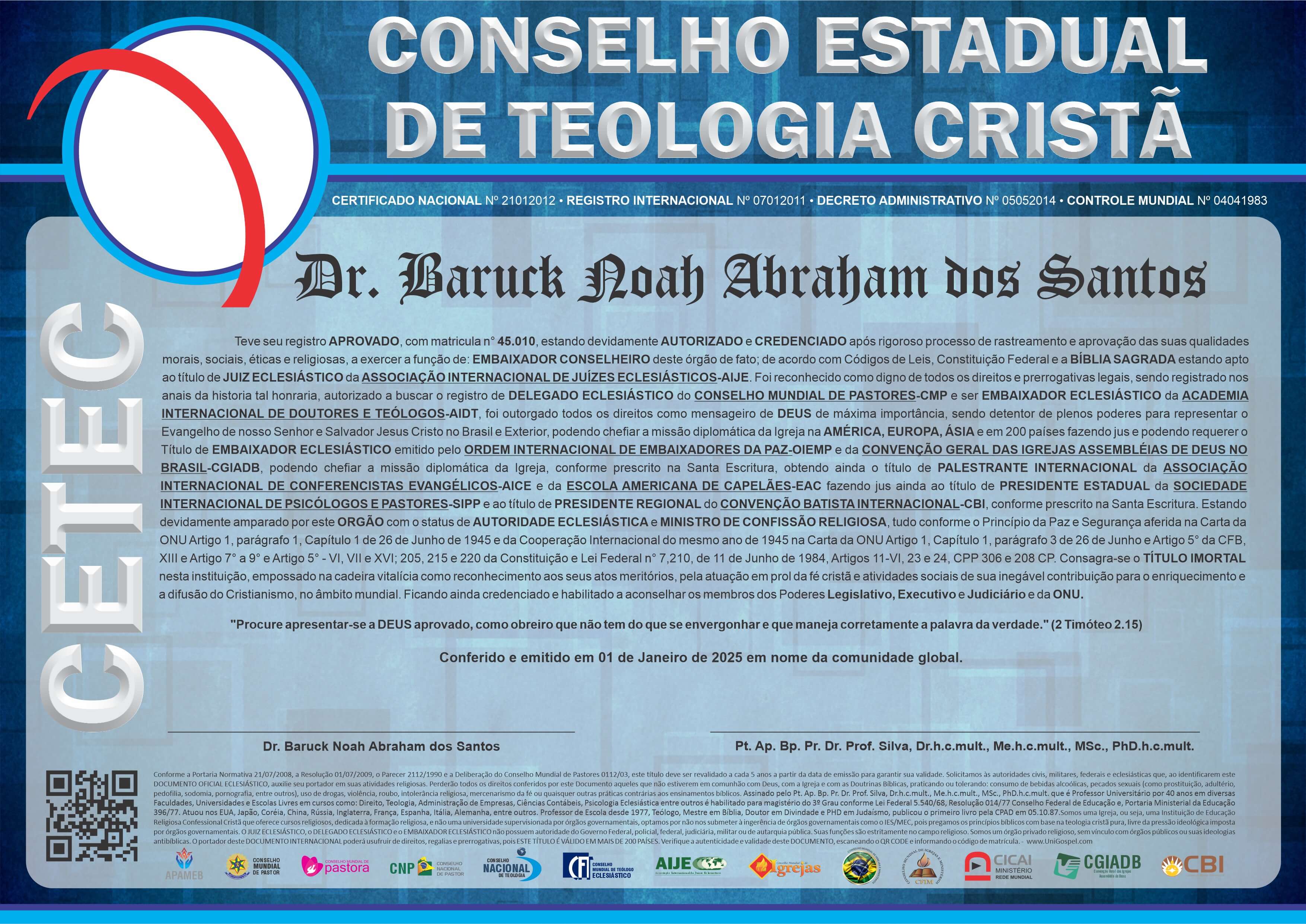 Diploma de Membro Conselho Estadual de Teologia Cristã