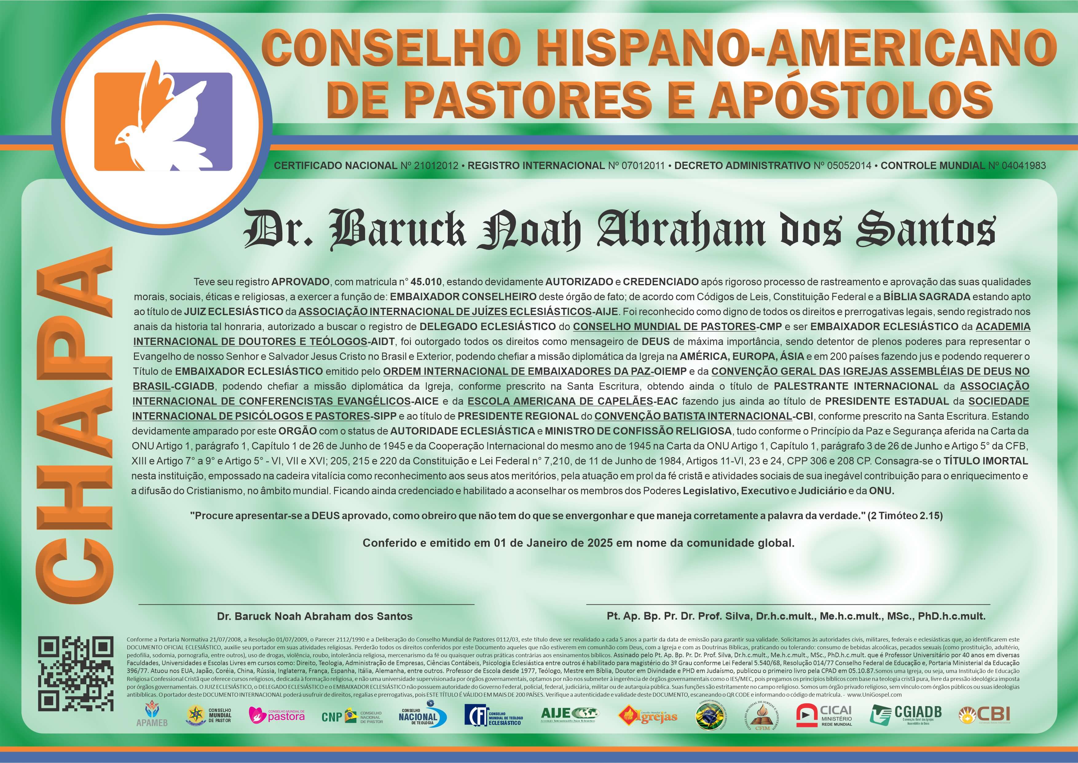 Diploma de Membro Conselho Hispano Americano de Pastores e Apóstolos