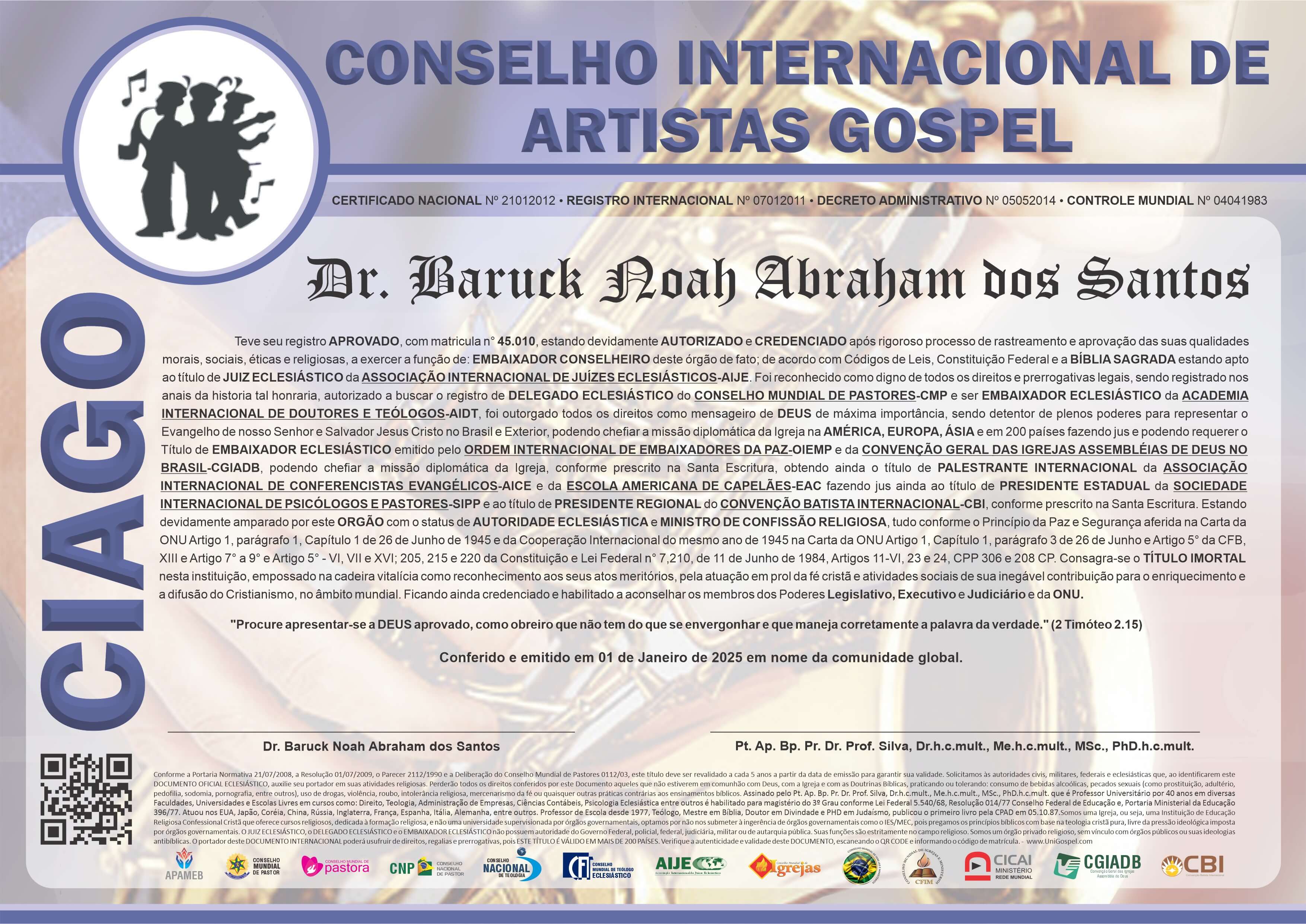 Diploma de Membro Conselho Internacional de Artistas Gospel