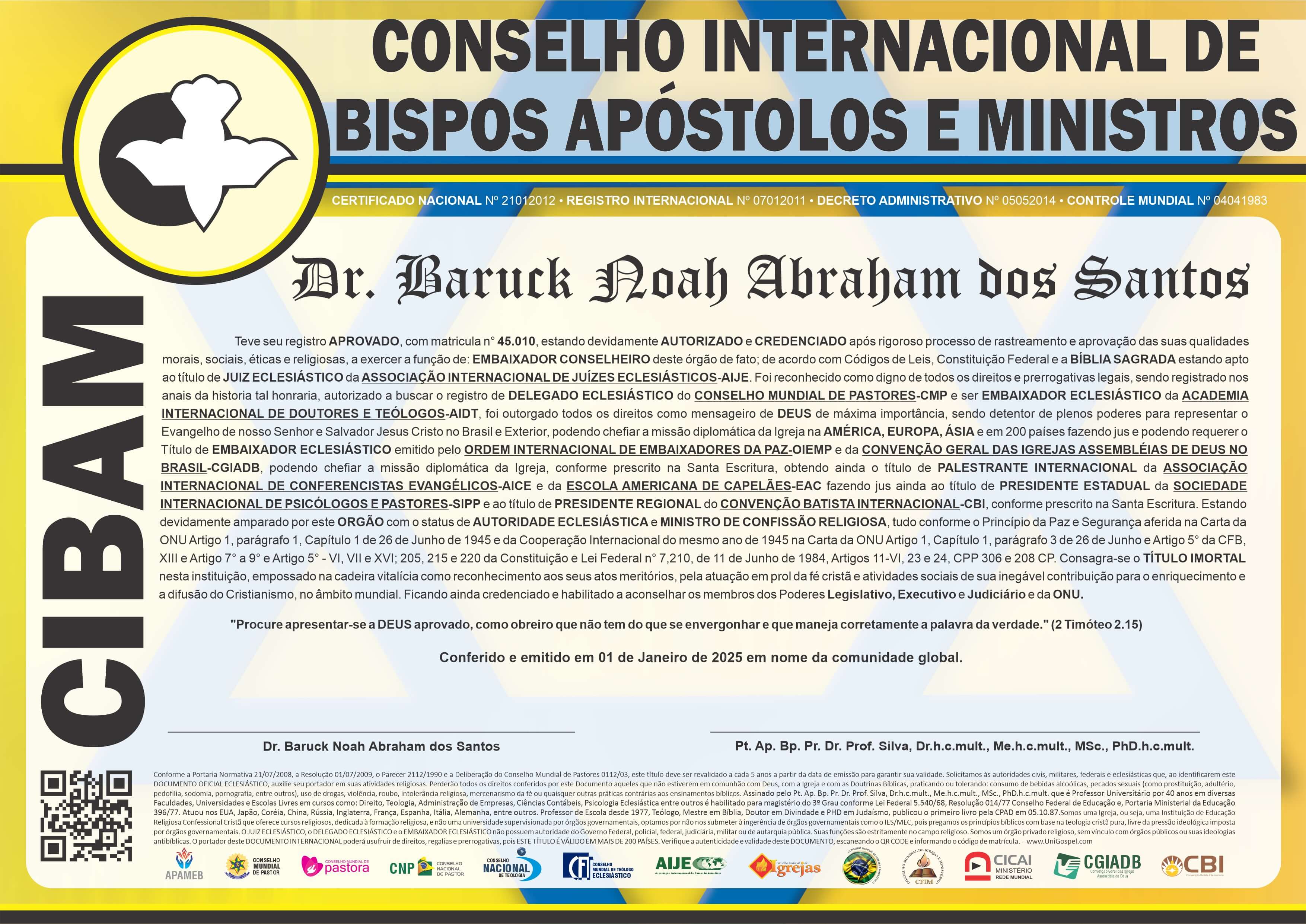 Diploma de Membro Conselho Internacional de Bispo, Apóstolos e Ministros