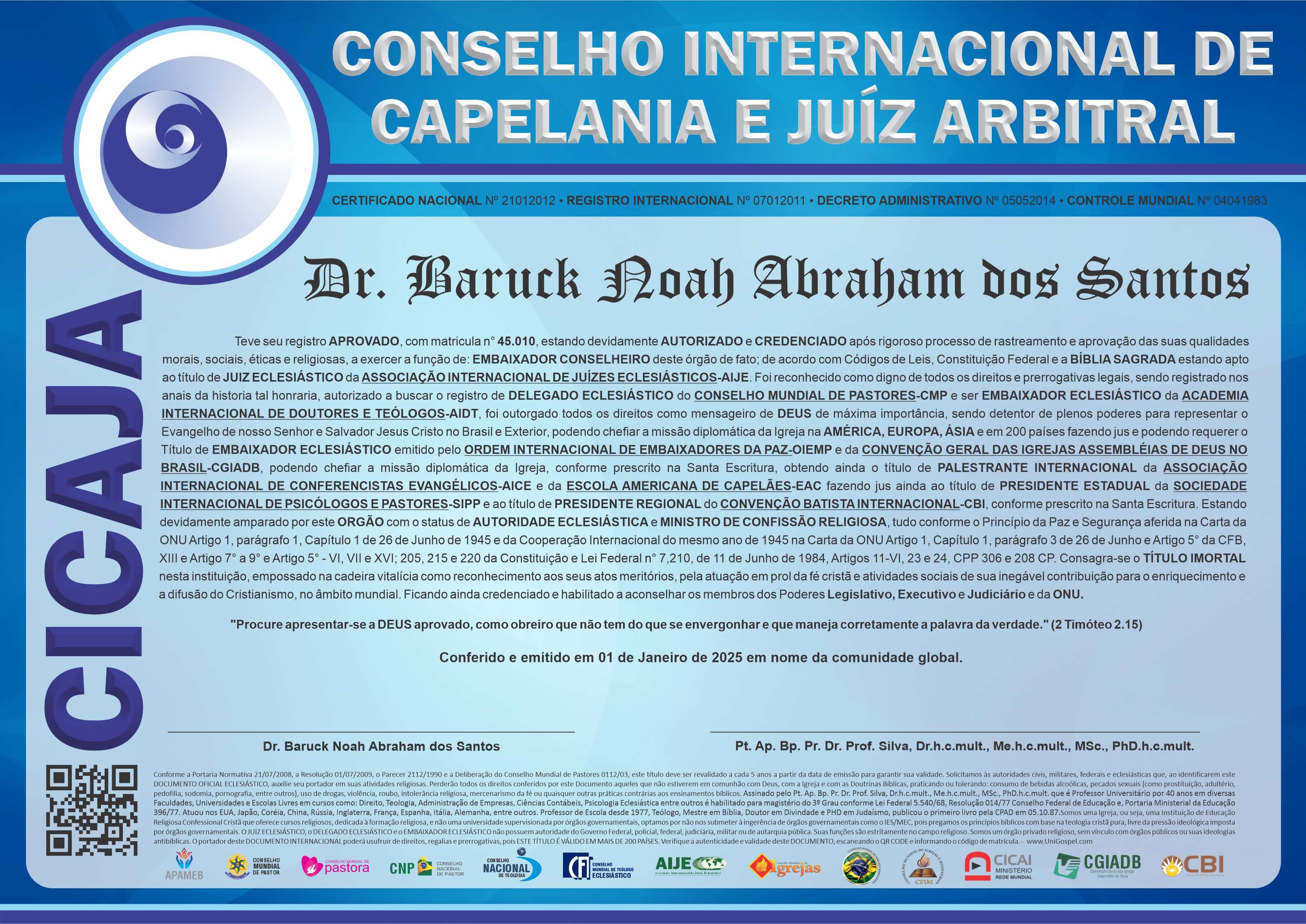 Diploma de Membro Conselho Internacional de Capelania e Juiz Arbitral