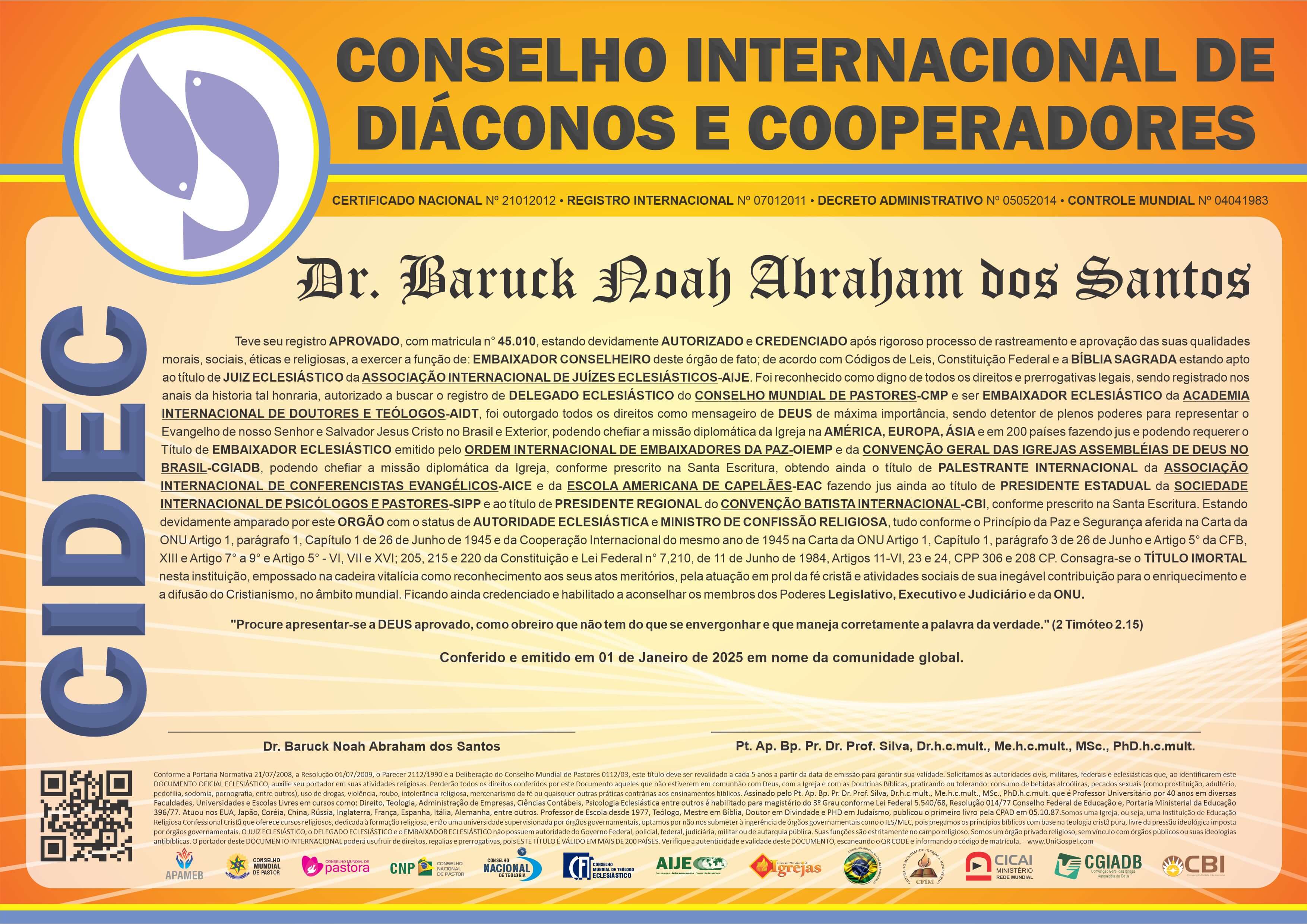 Diploma de Membro Conselho Internacional de Diáconos e Cooperadores