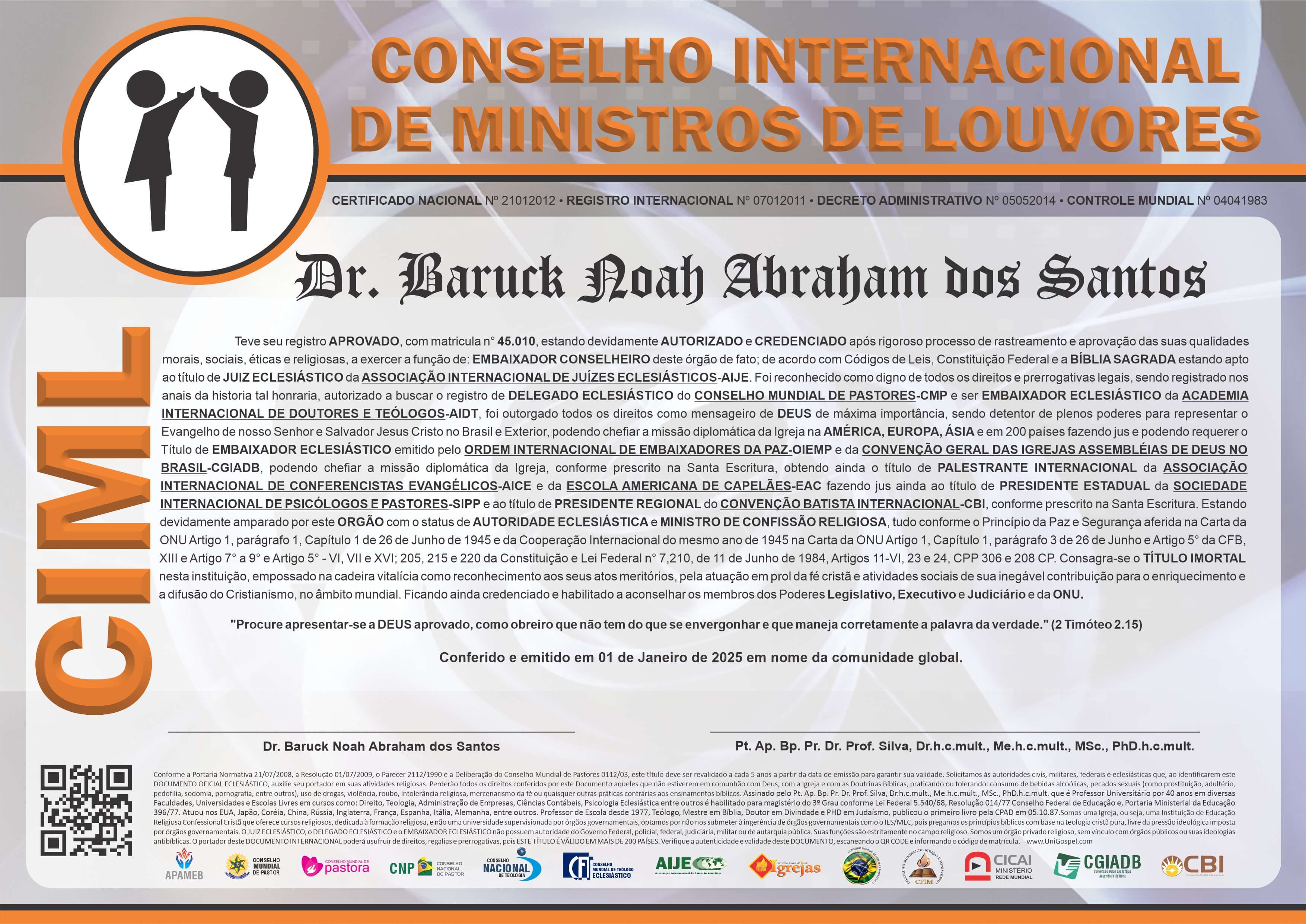 Diploma de Membro Conselho Internacional de Ministros de Louvor