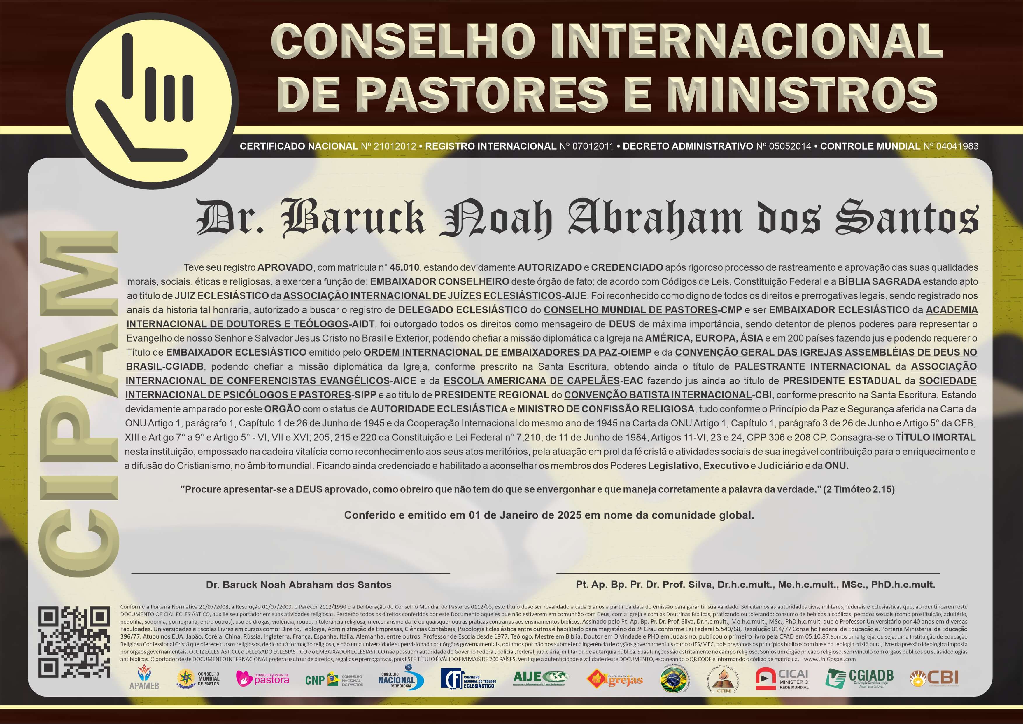 Diploma de Membro Conselho Internacional de Pastores e Ministros