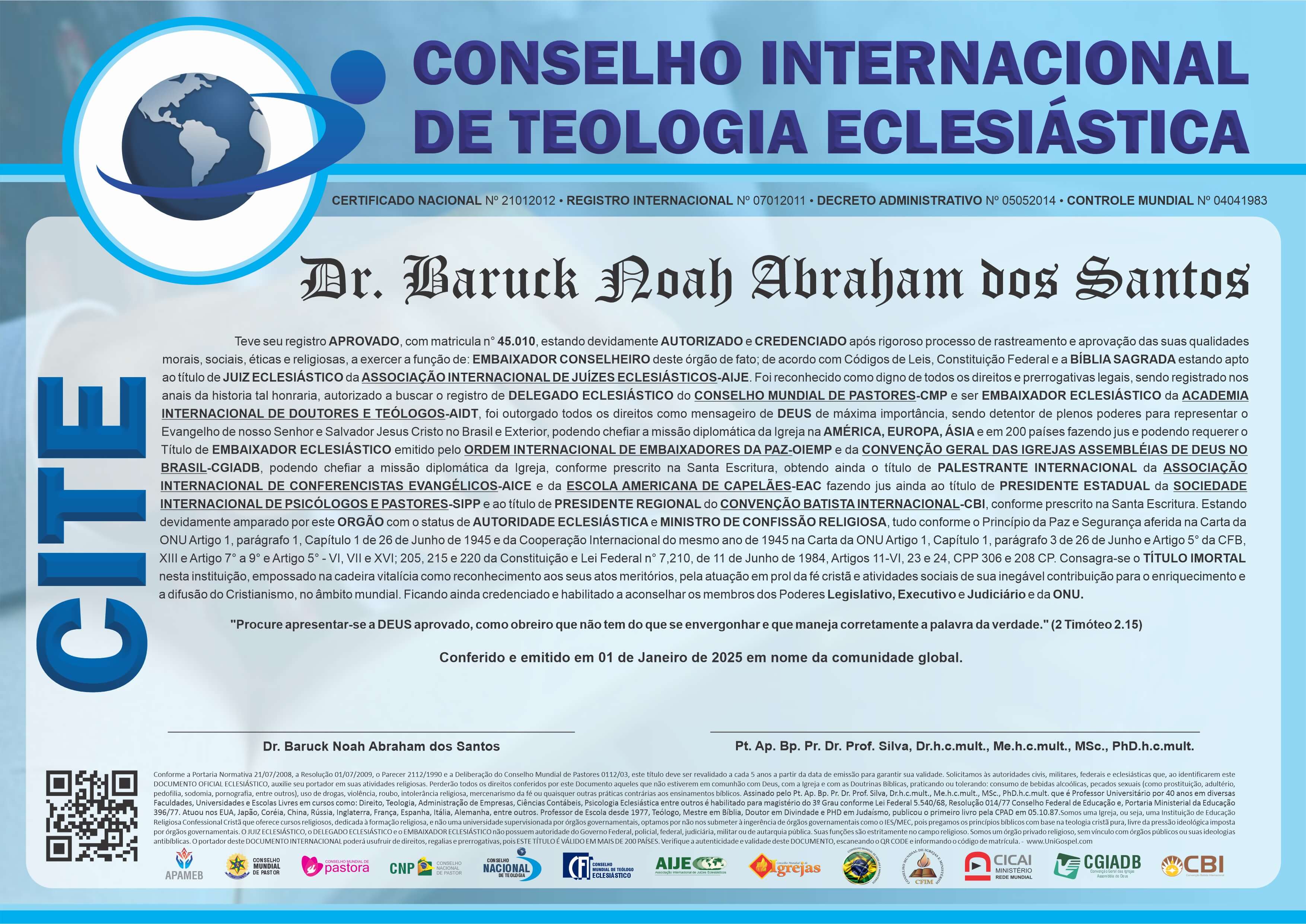 Diploma de Membro Conselho Internacional de Teologia Eclesiástica