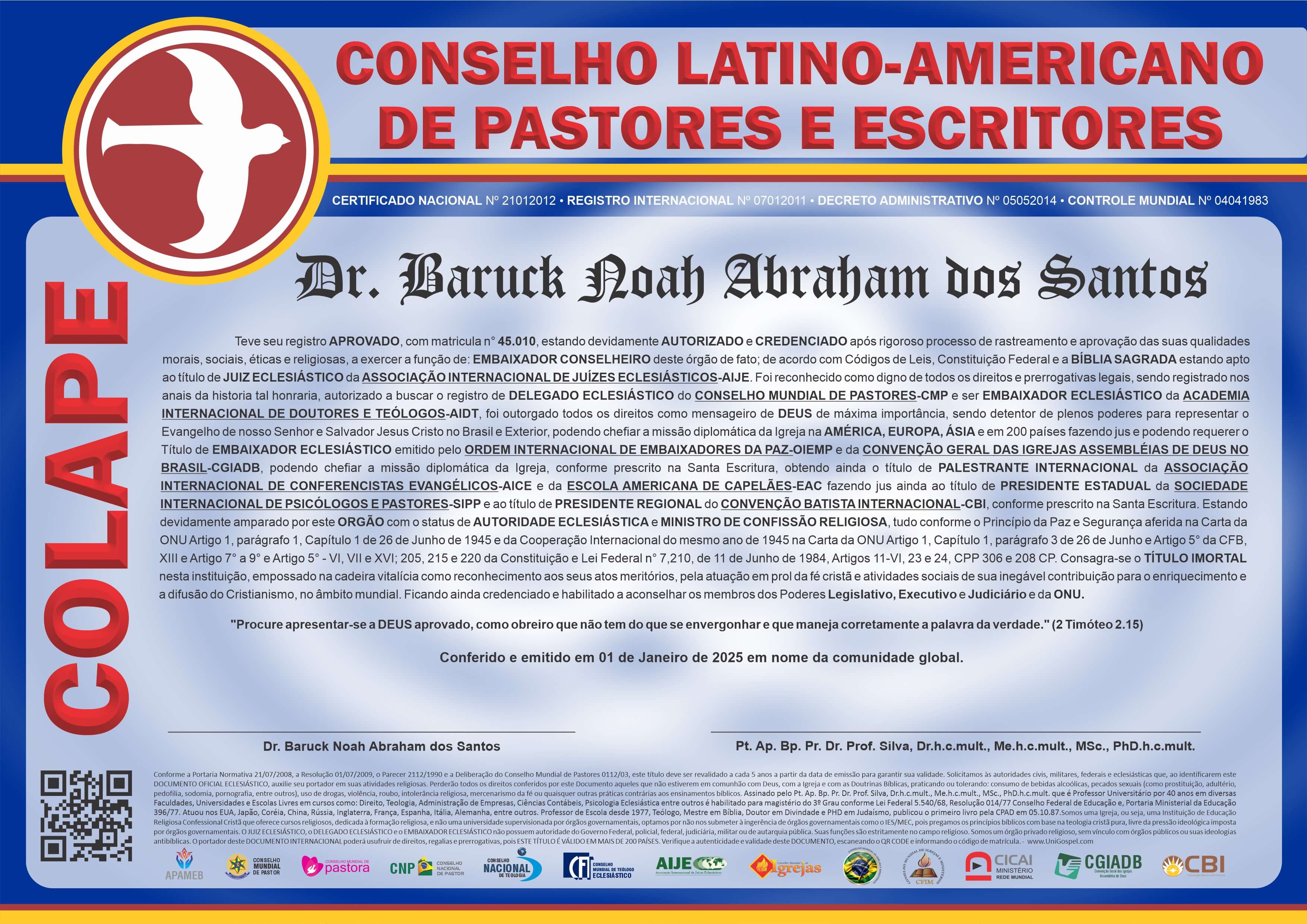 Diploma de Membro Conselho Latino Americano de Pastores e Escritores