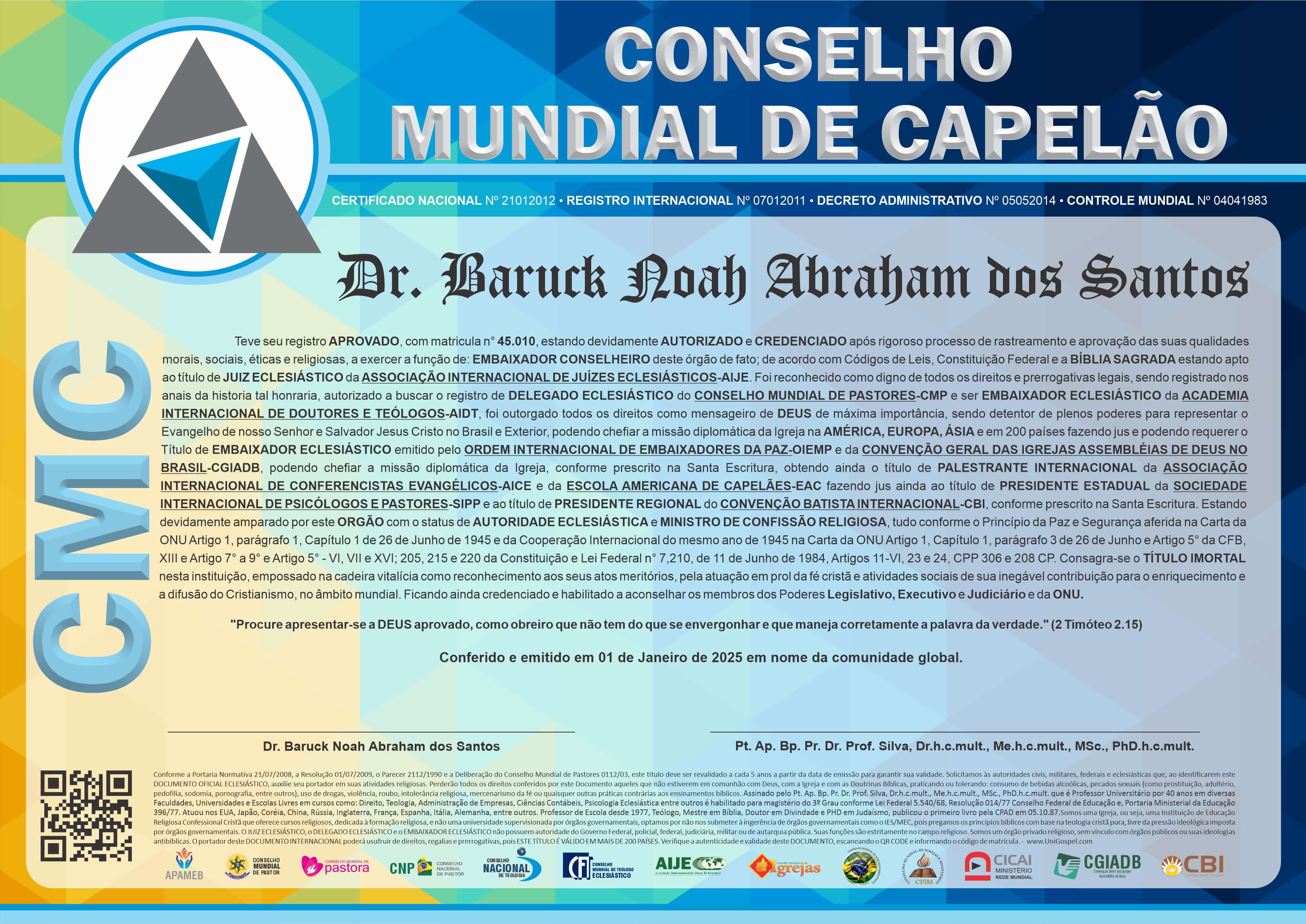 Diploma de Membro Conselho Mundial de Capelão