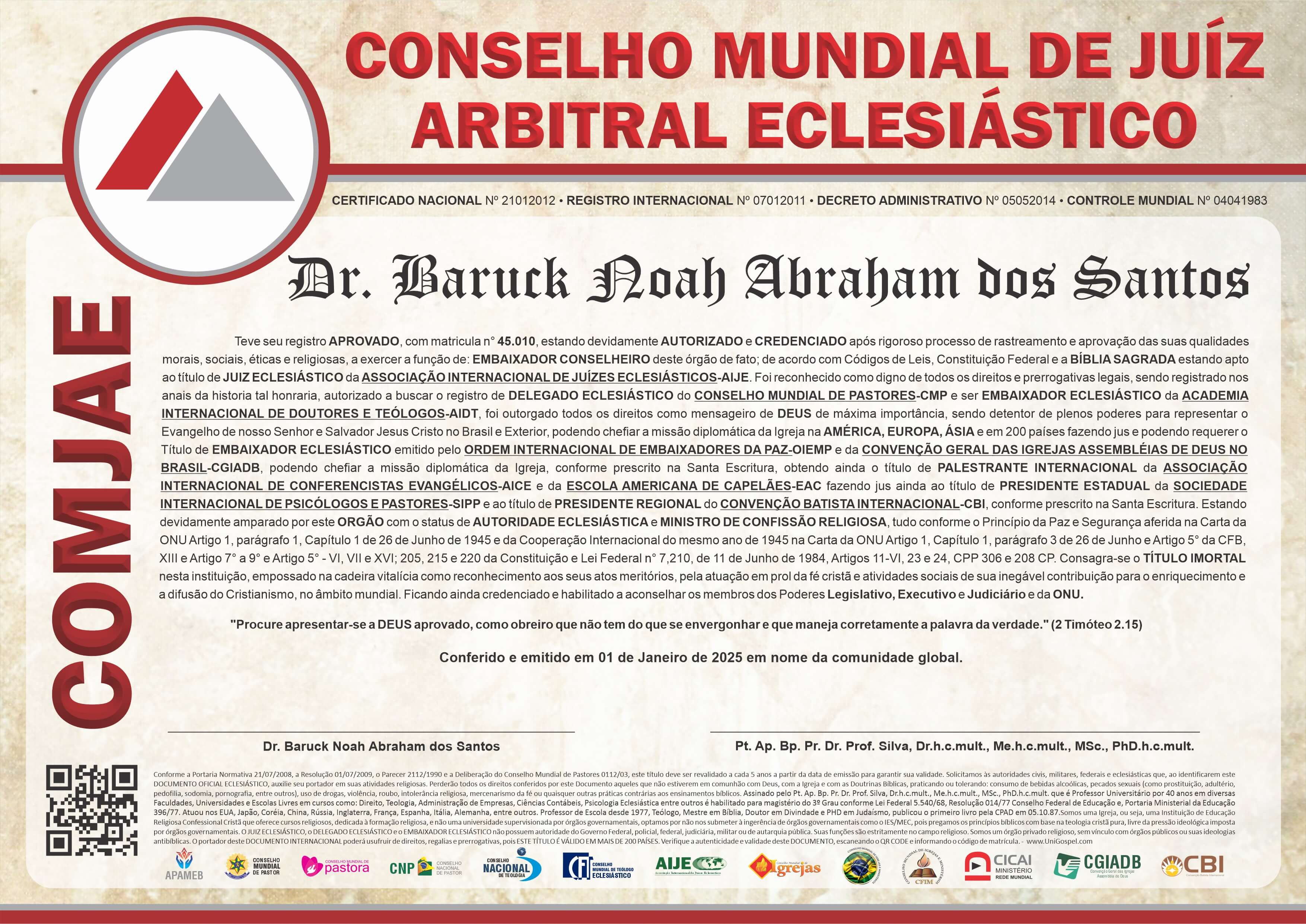 Diploma de Membro Conselho Mundial de Juiz Arbitral Eclesiástico