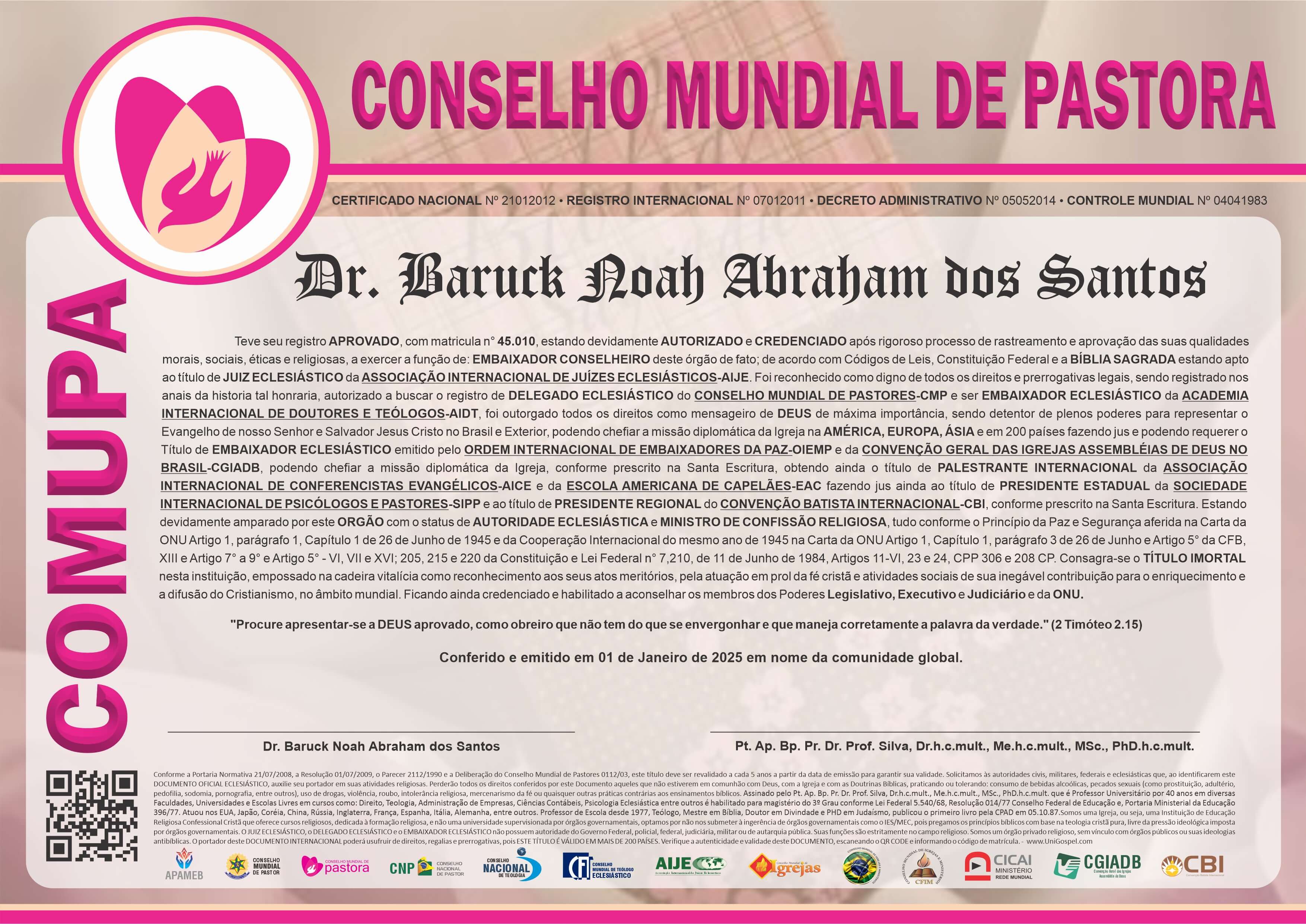 Diploma de Membro Conselho Mundial de Pastora