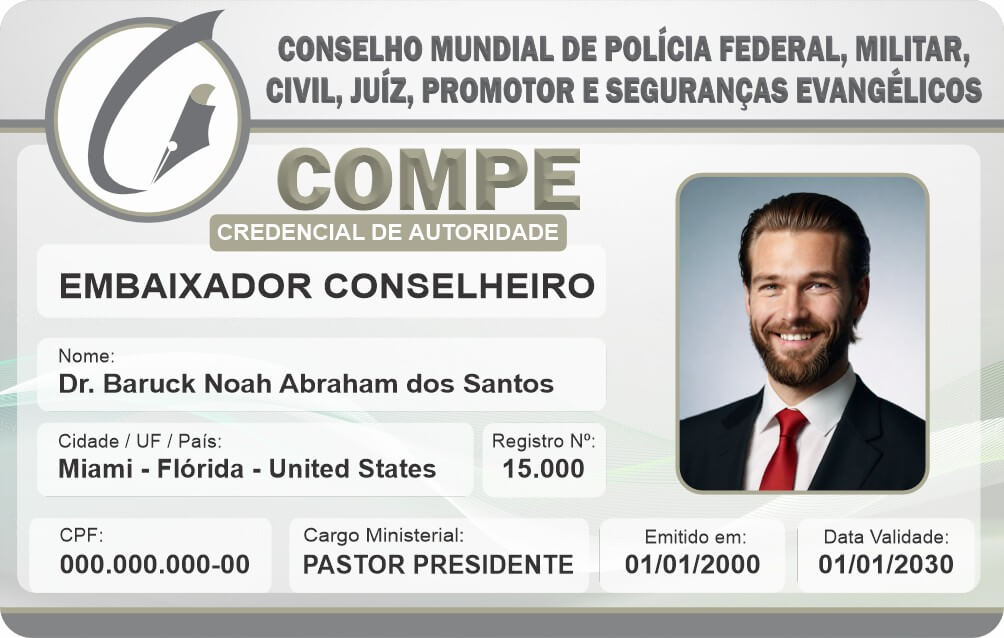 Credencial Conselho Mundial de Polícia Federal, Militar, Civil, Juiz, Promotor e Seguranças Evangélicos