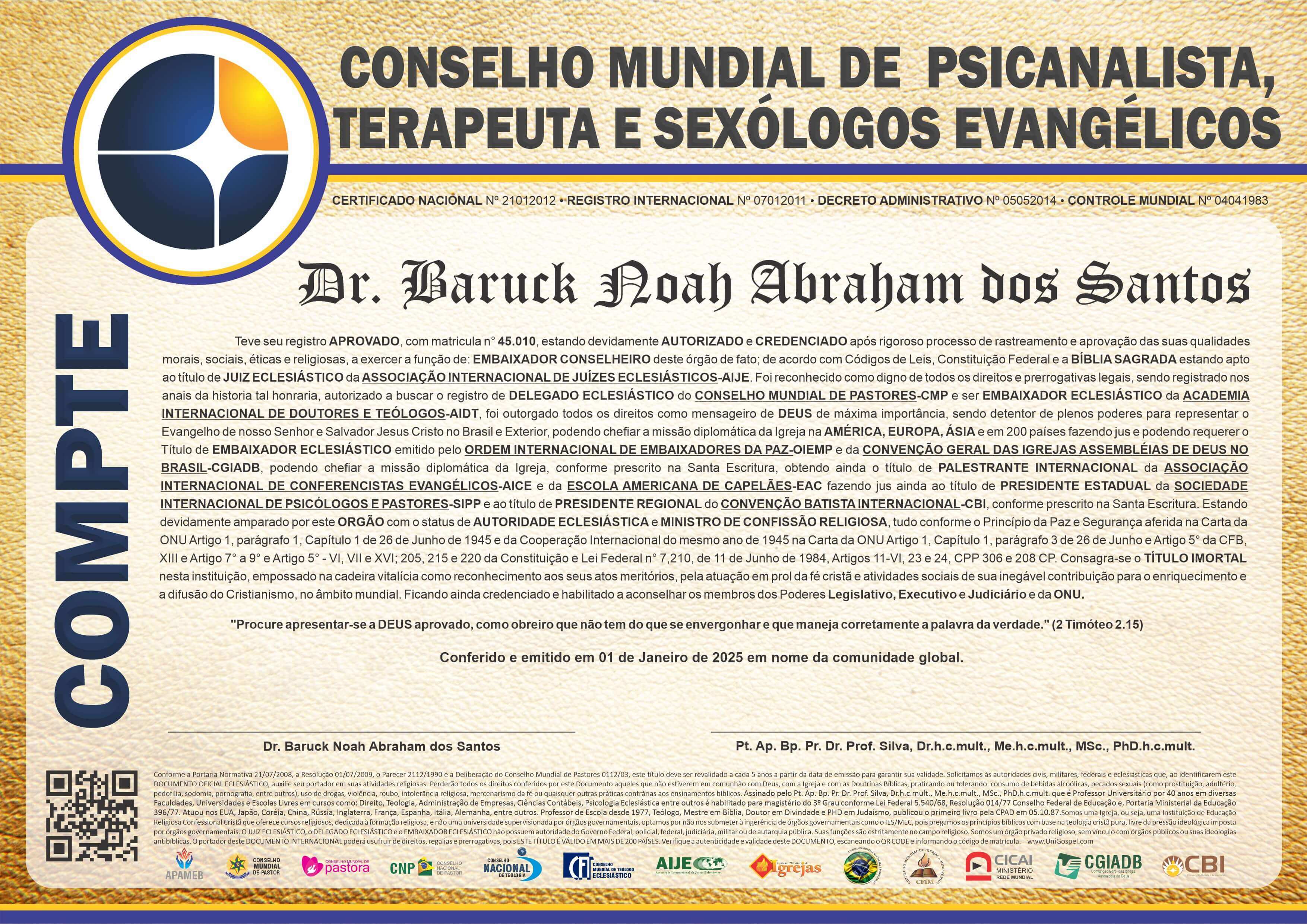 Diploma de Membro Conselho Mundial de Psicanalista, Terapeuta e Sexólogos Evangélicos