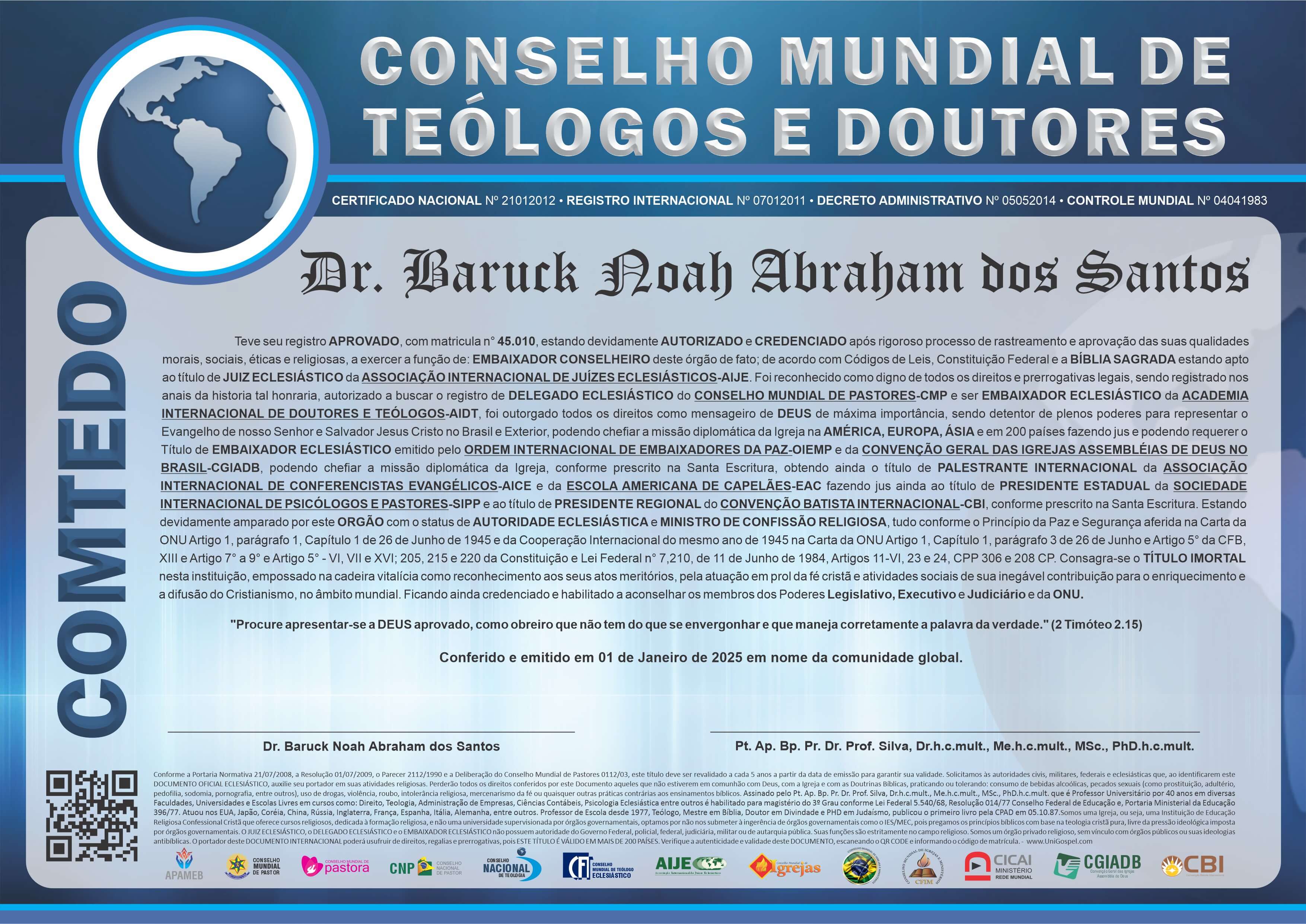 Diploma de Membro Conselho Mundial de Teólogos e Doutores