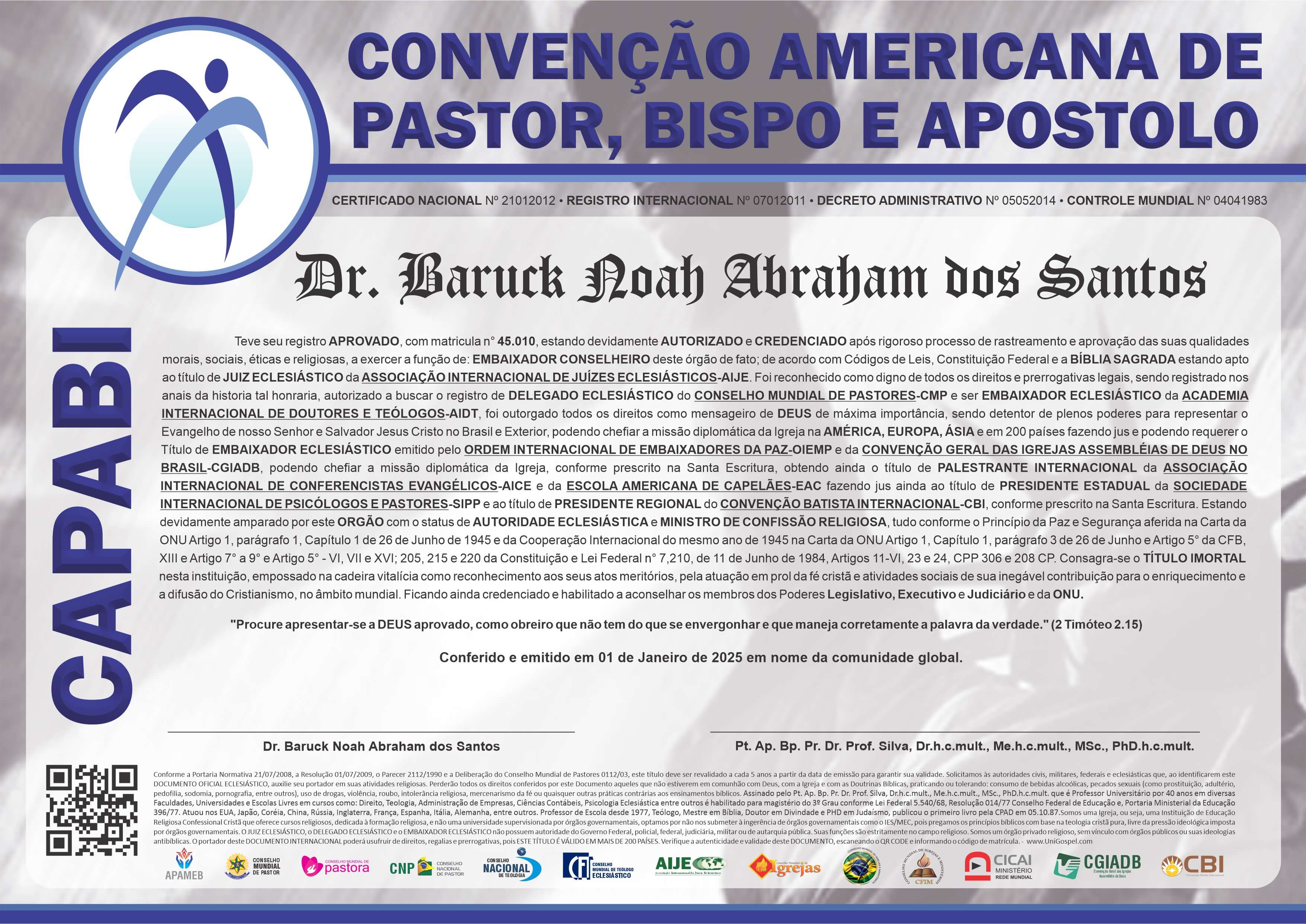 Diploma de Membro Convenção Americana de Pastor, Bispo e Apóstolo