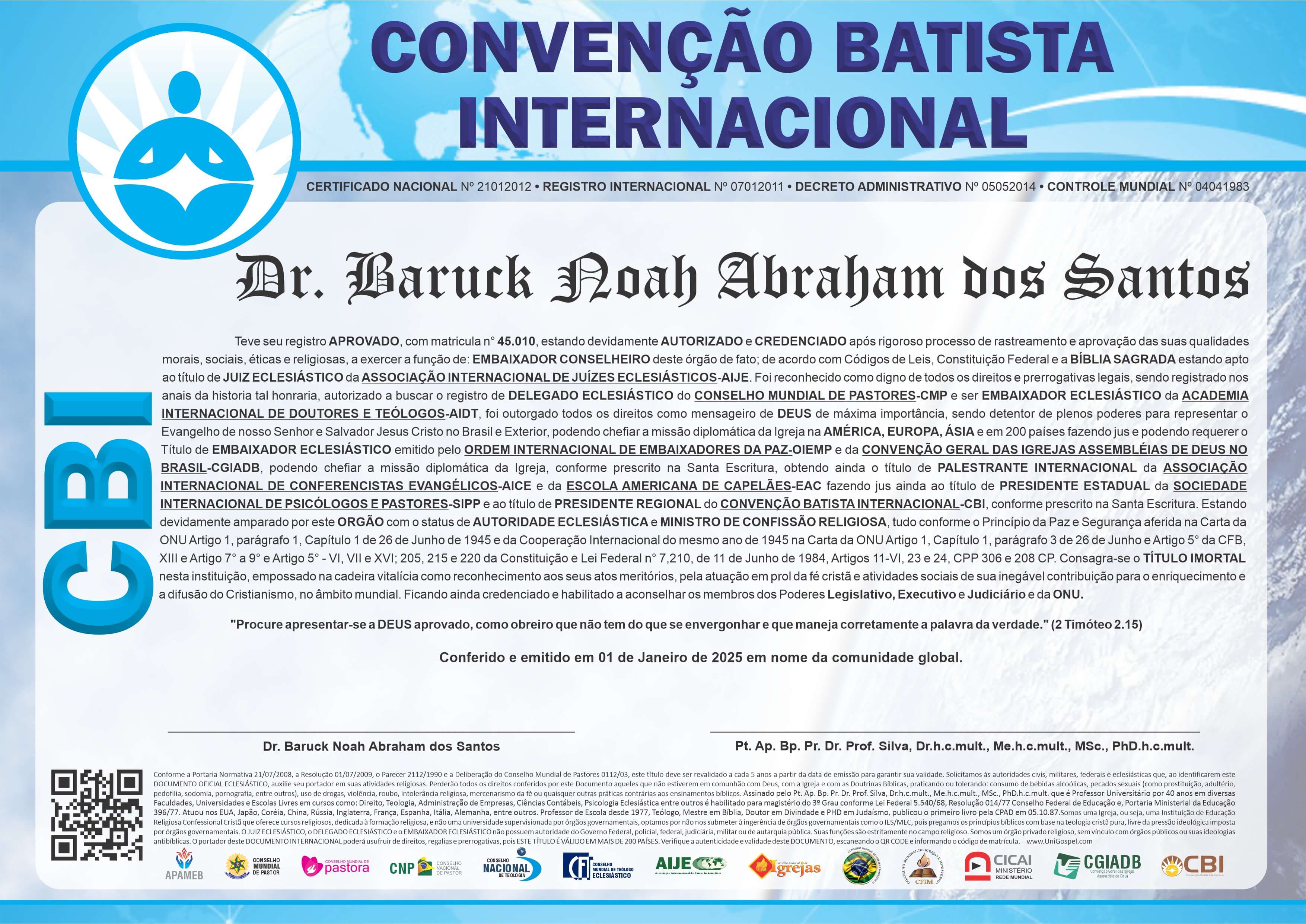 Diploma de Membro Convenção Batista Internacional