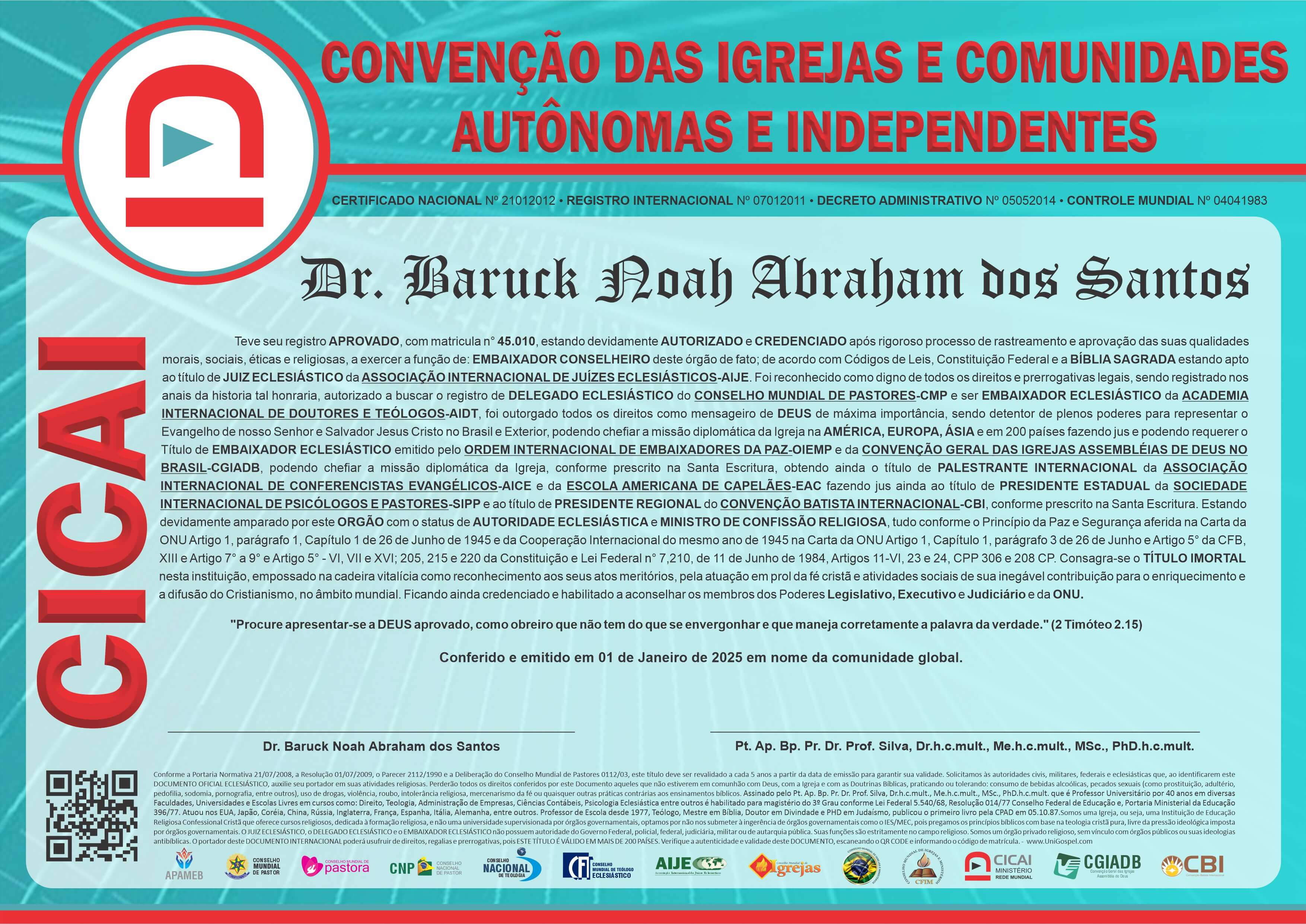 Diploma de Membro Convenção das Igrejas e Comunidades Autônomas e Independentes