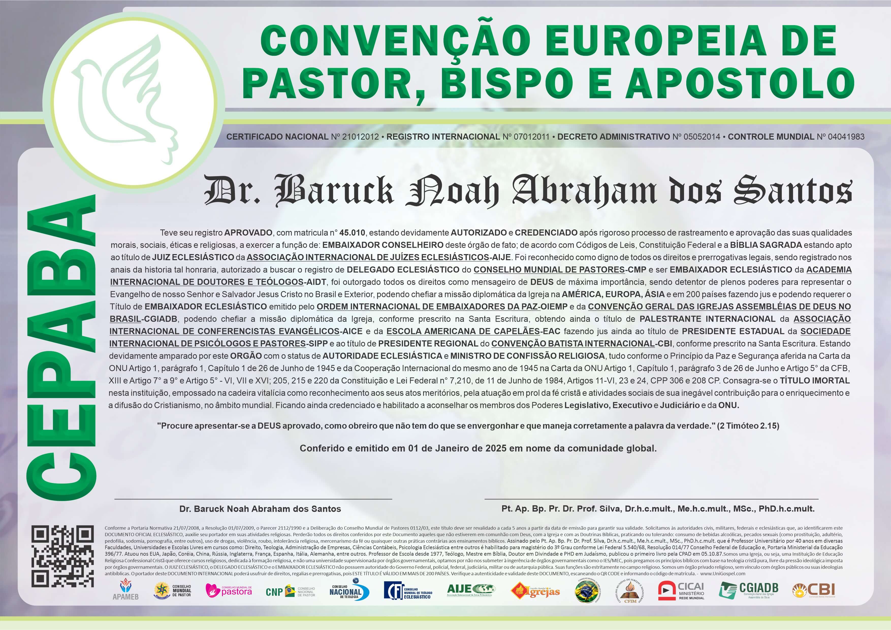 Diploma de Membro Convenção Europeia de Pastor, Bispo e Apóstolo