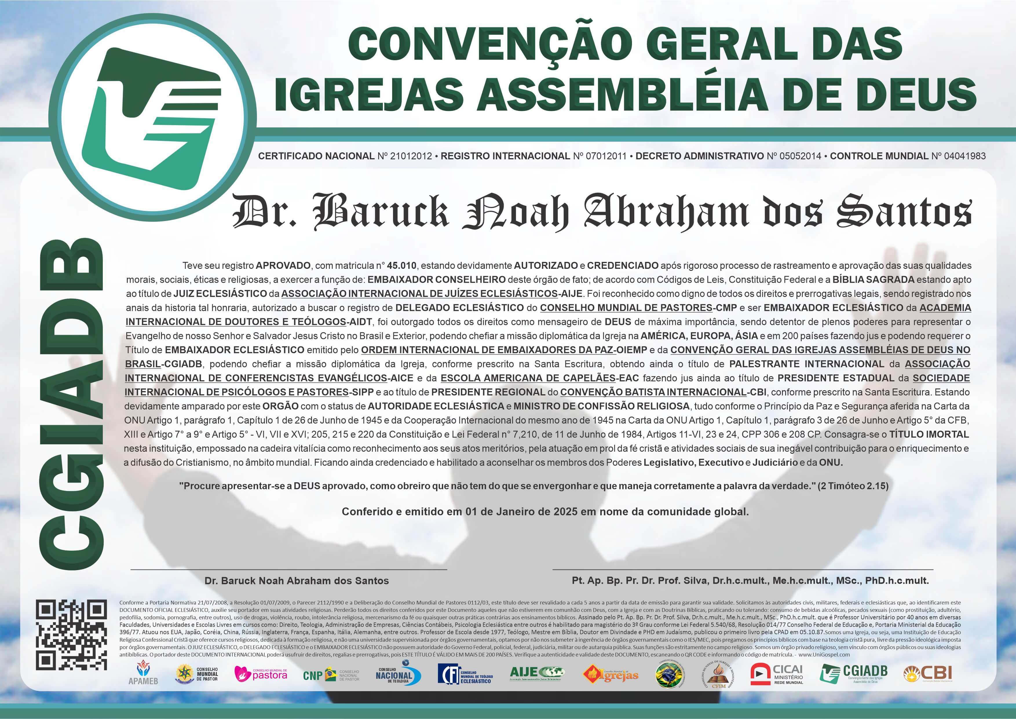 Diploma de Membro Convenção Geral das Igrejas Assembleia de Deus