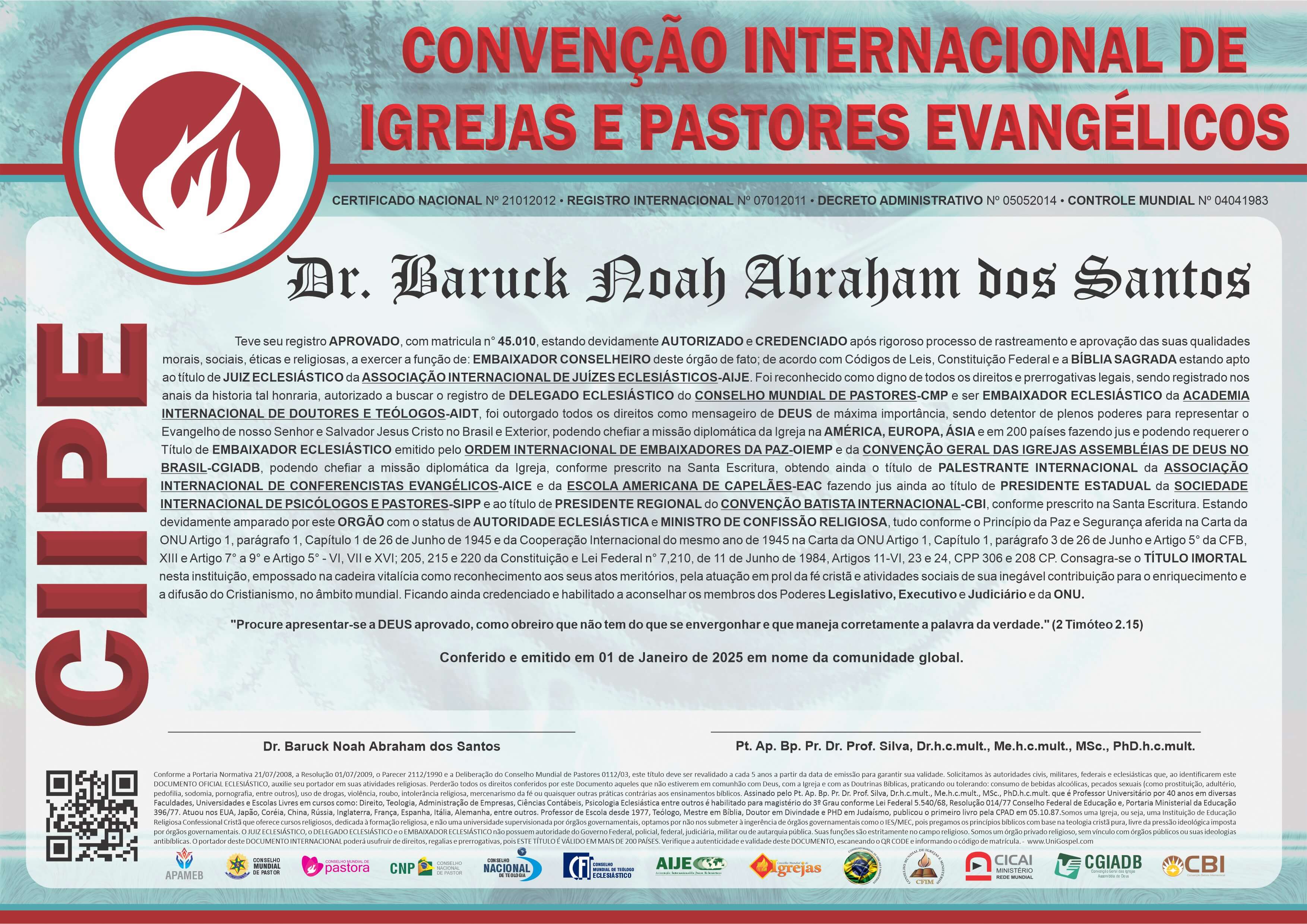 Diploma de Membro Convenção Internacional de Igrejas e Pastores Evangélicos