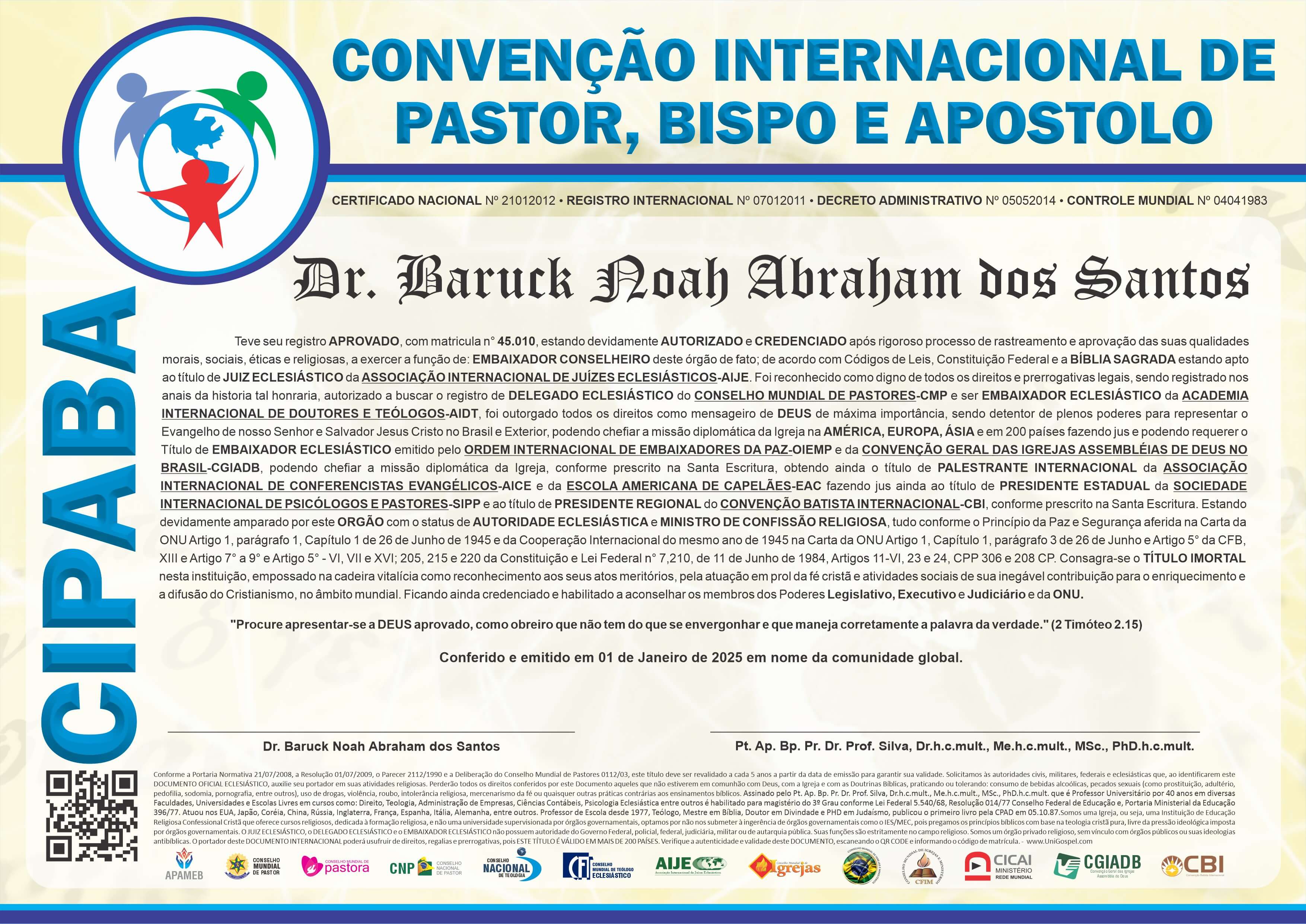 Diploma de Membro Convenção Internacional de Pastor, Bispo e Apóstolo