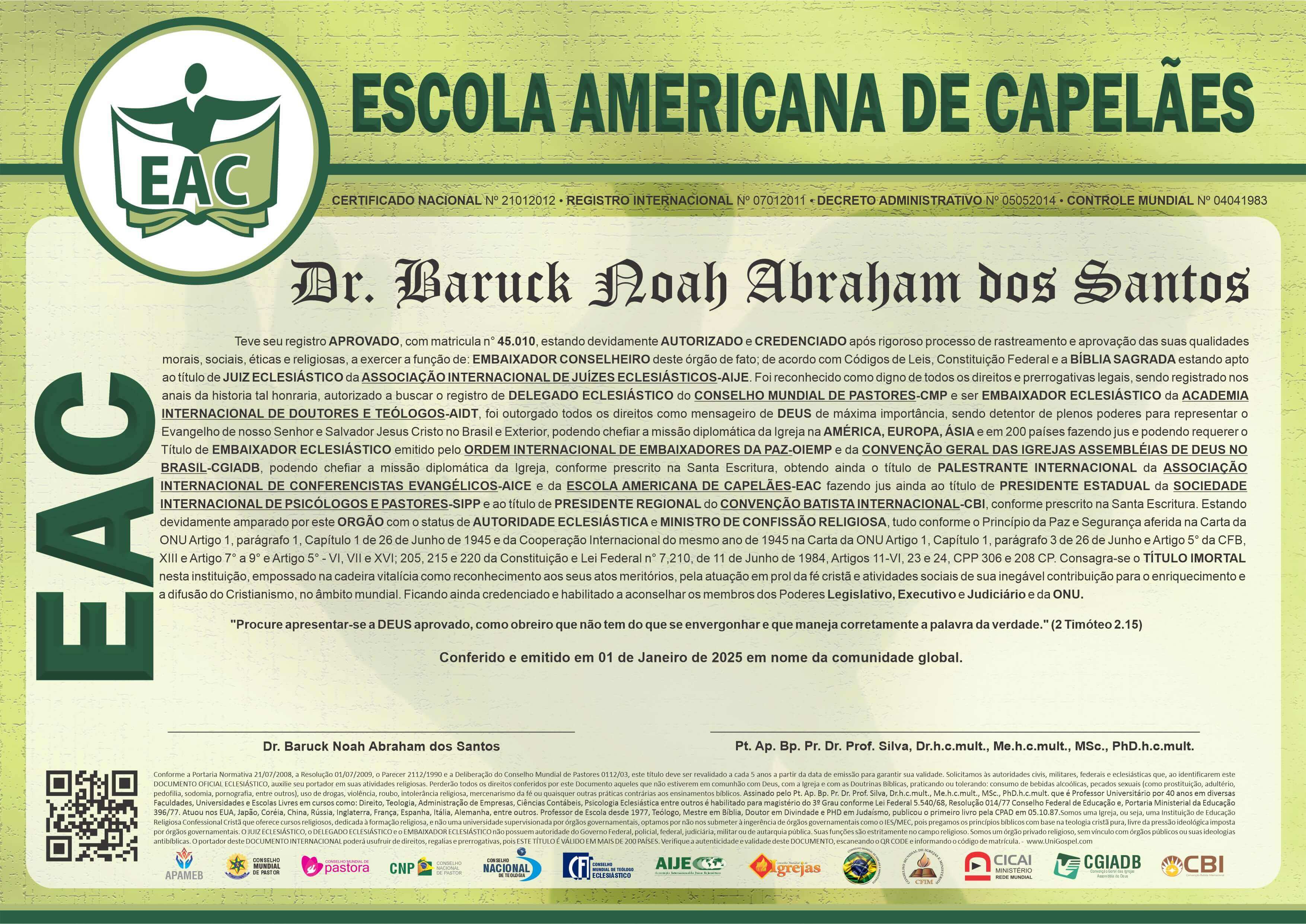 Diploma de Membro Escola Americana de Capelães