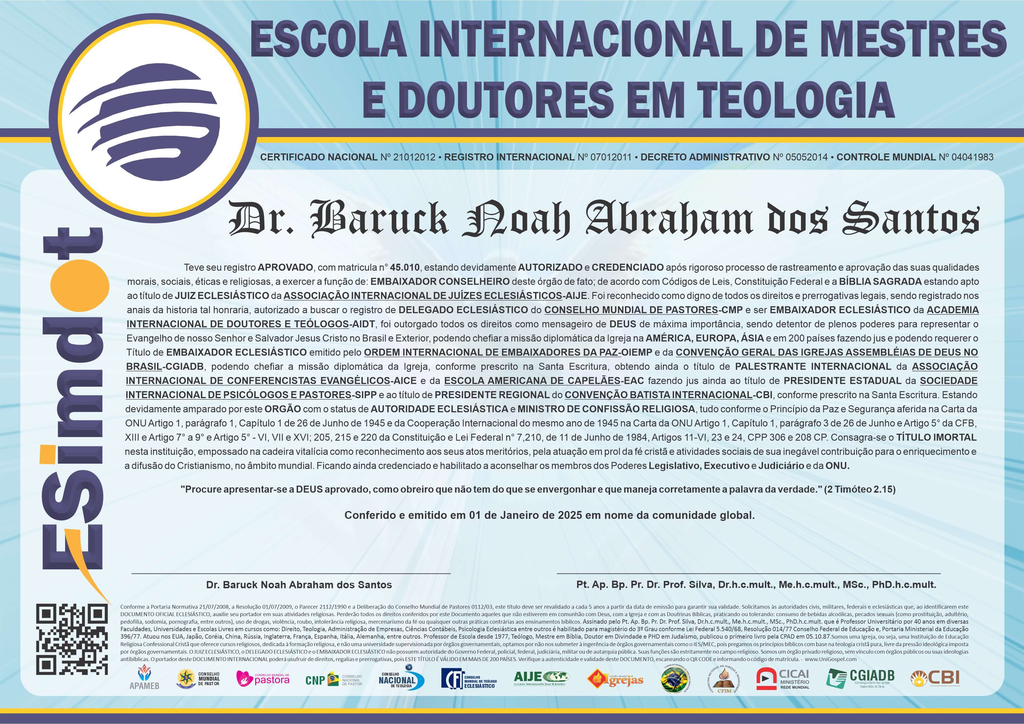 Diploma de Membro Escola Internacional de Mestres e Doutores em Teologia