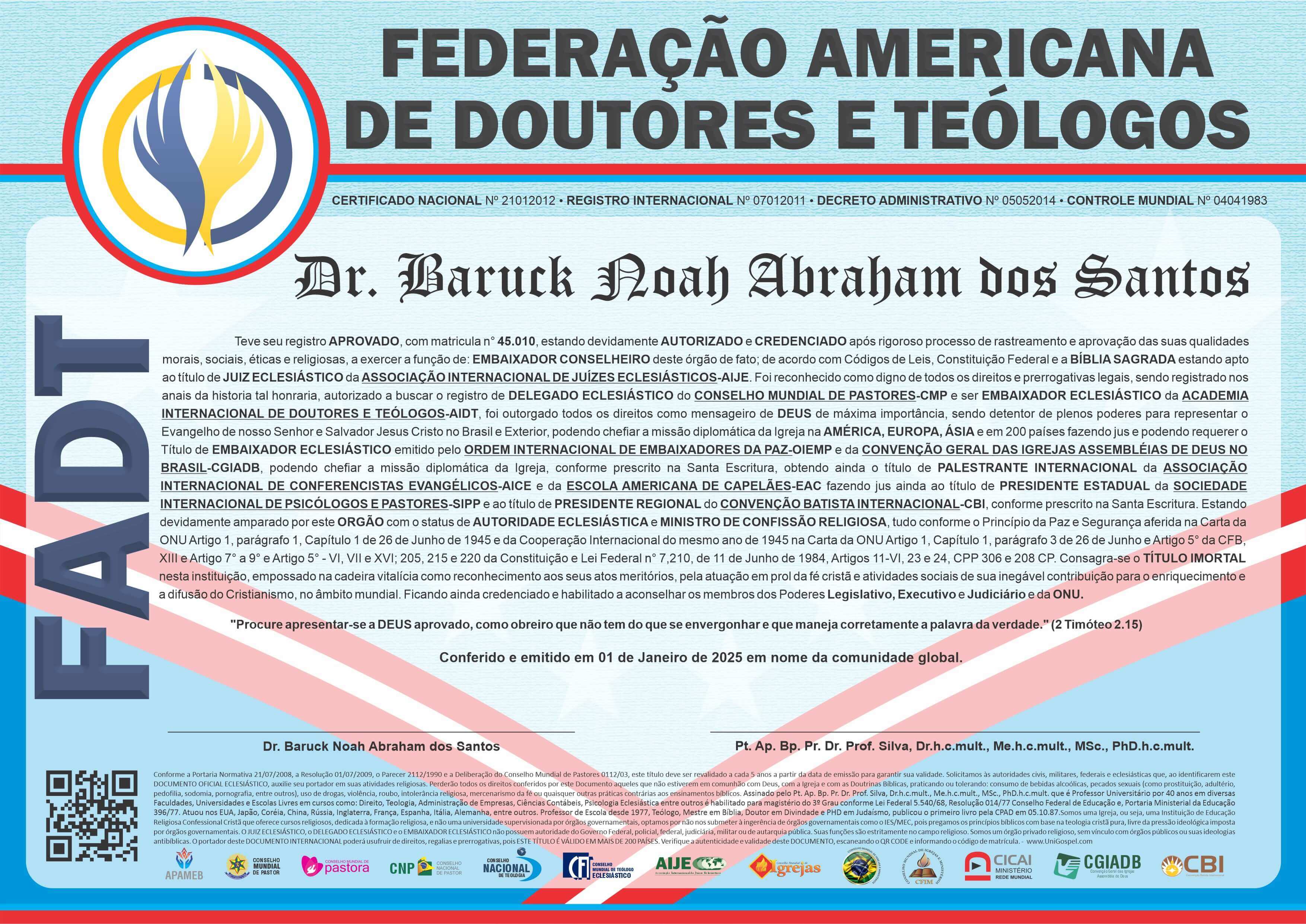 Diploma de Membro Federação Americana de Doutores e Teólogos