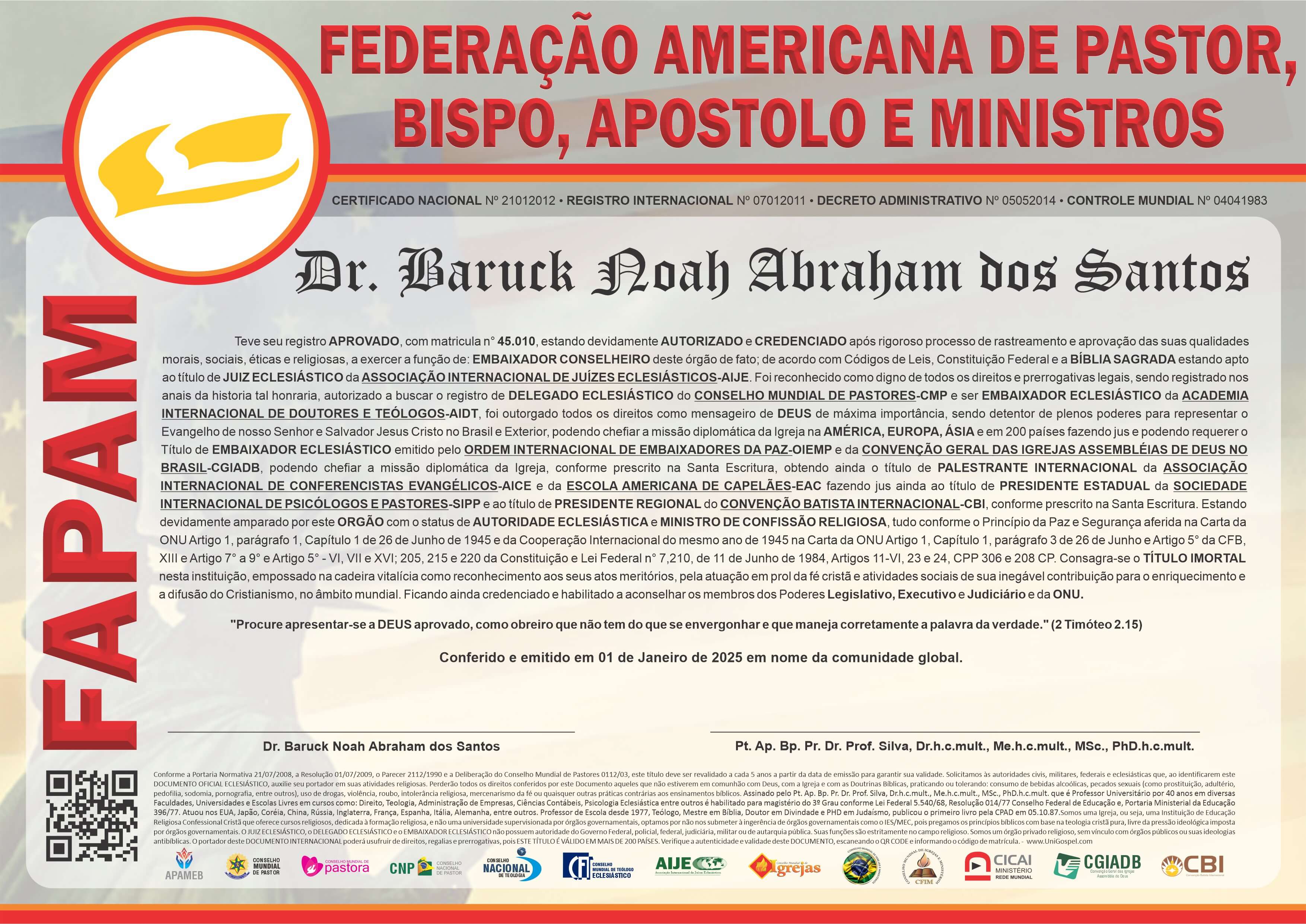 Diploma de Membro Federação Americana de Pastor, Bispo, Apóstolo e Ministros