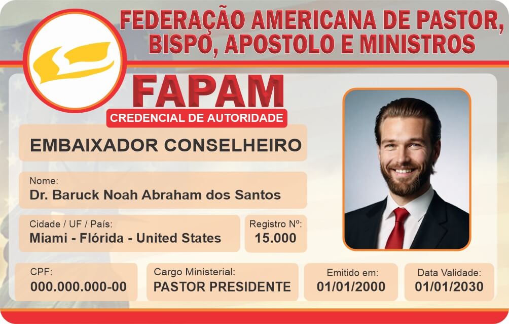 Credencial Federação Americana de Pastor, Bispo, Apóstolo e Ministros