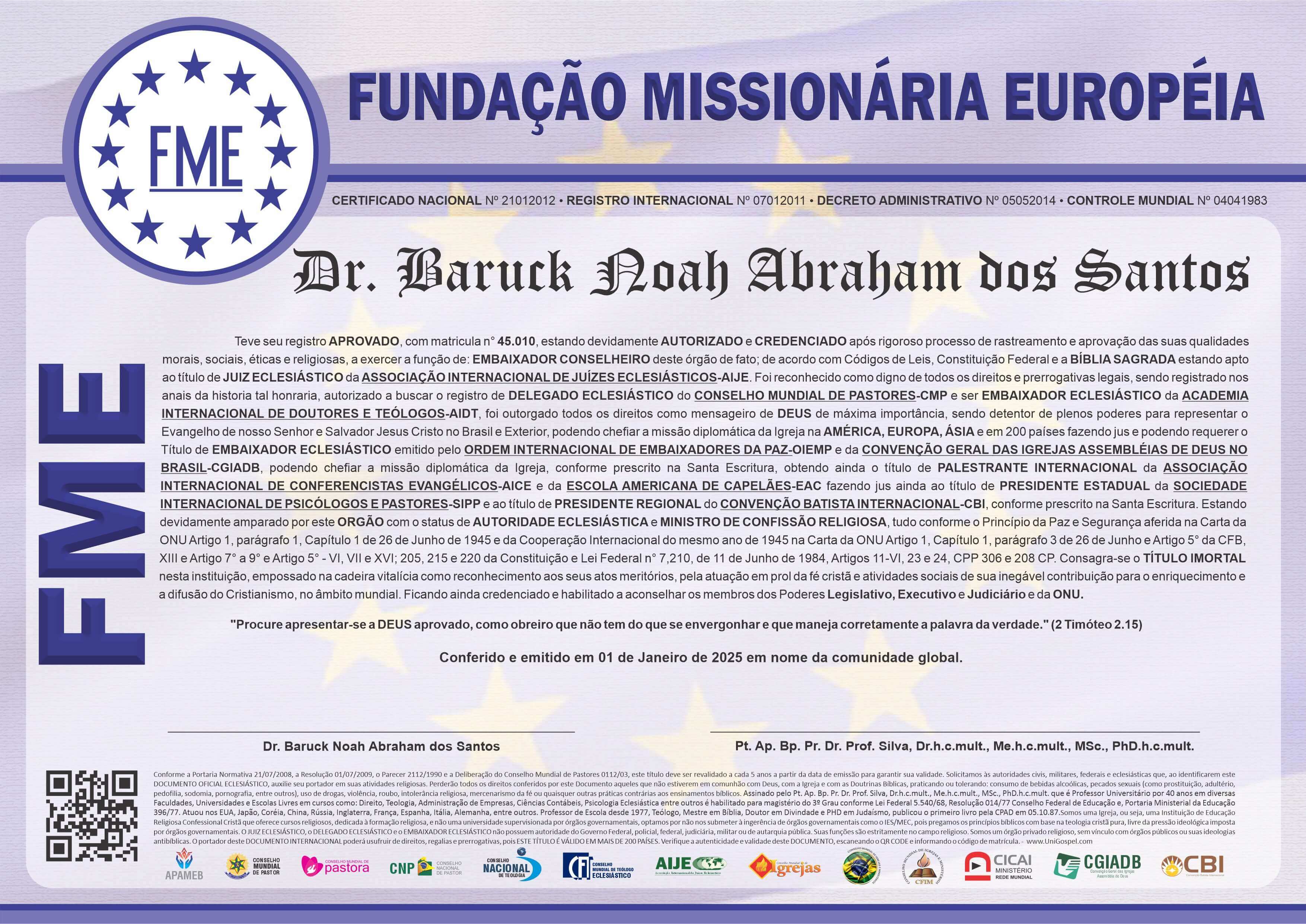 Diploma de Membro Fundação Missionária Europeia