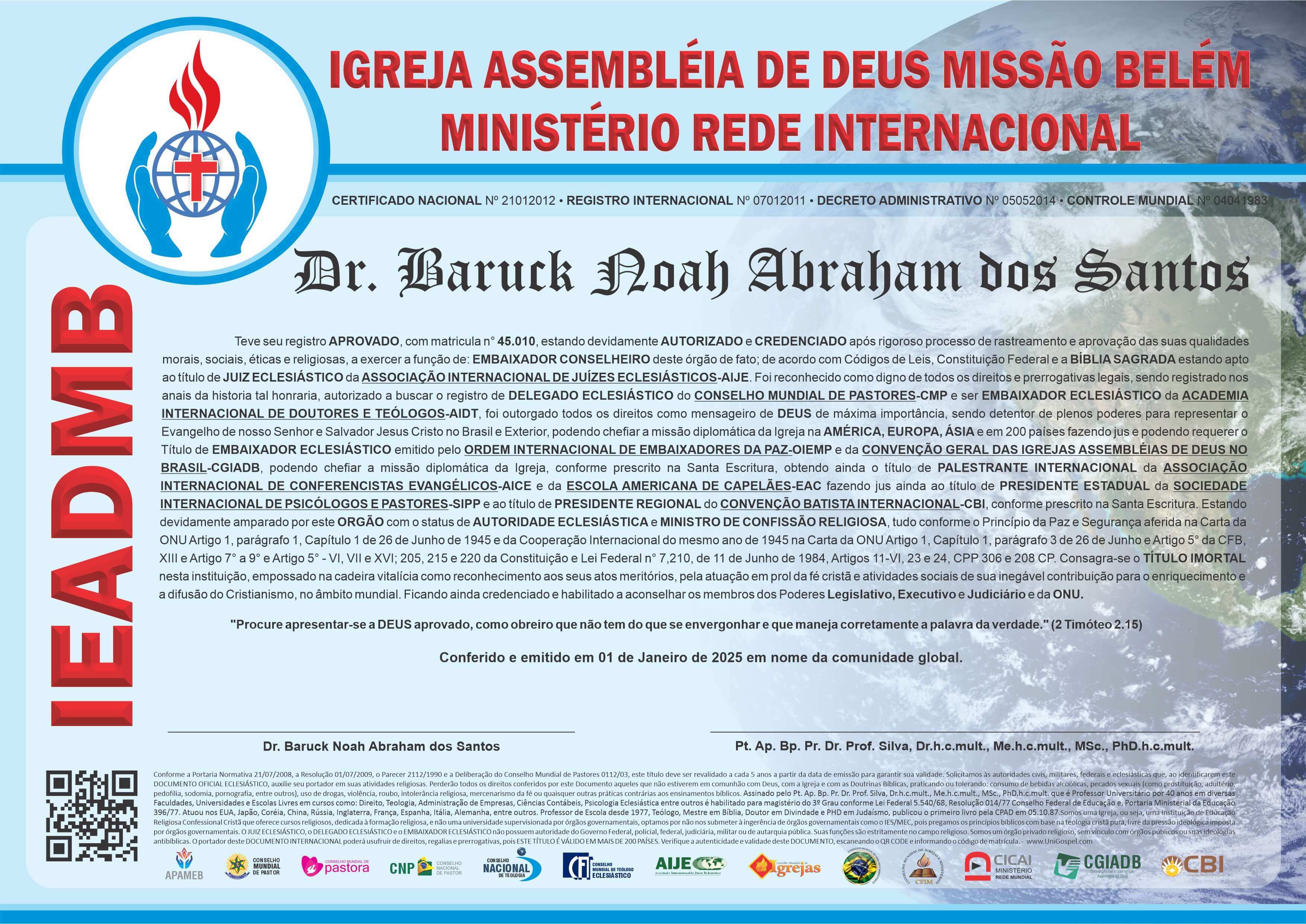 Diploma de Membro Igreja Assembleia de Deus Missão Belém Ministério Rede Internacional